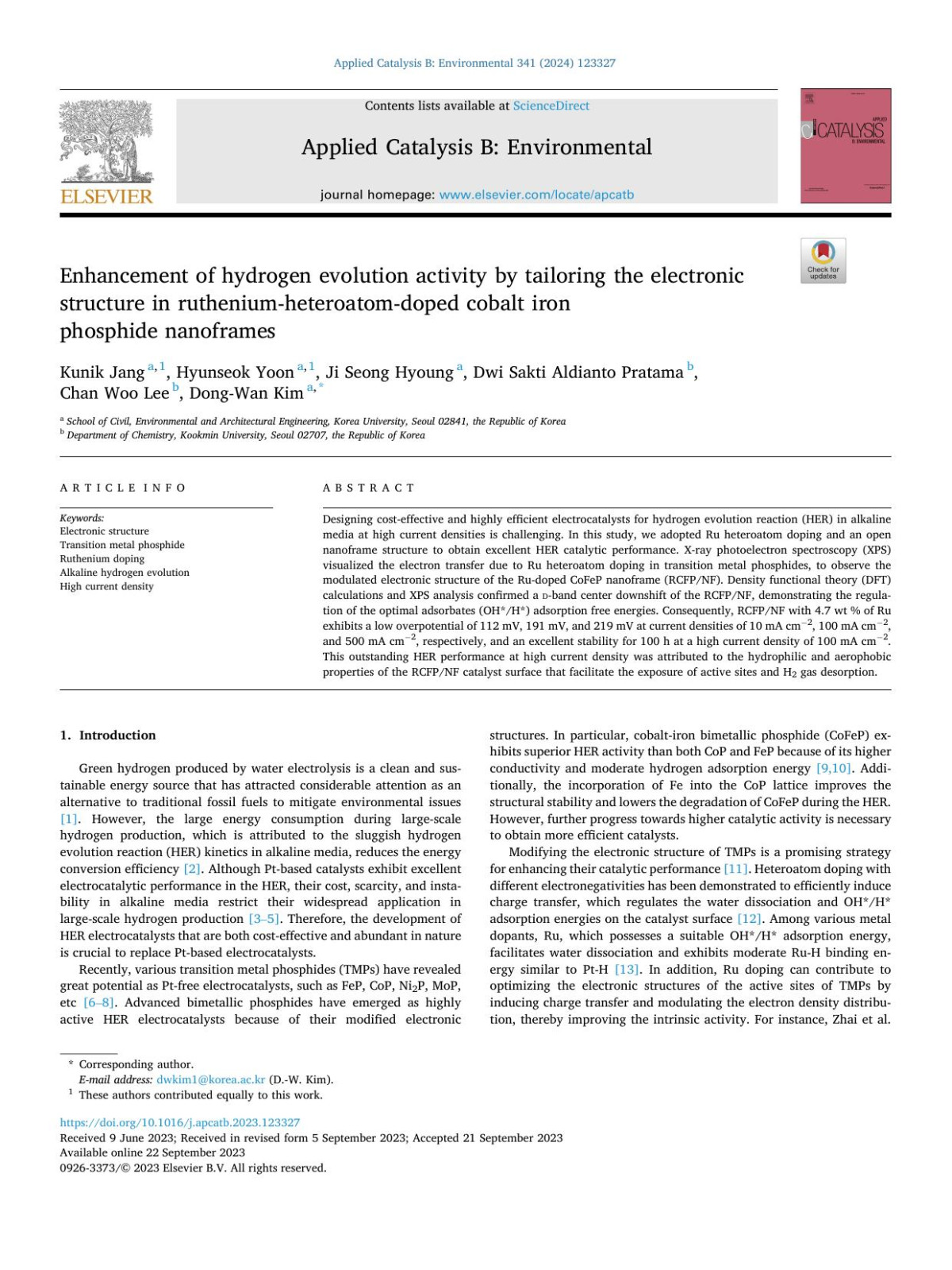 Enhancement Of Hydrogen Evolution Activity By Tailoring The Electronic Structure In Rutheniumheteroatomdoped Cobalt Iron Phosphide Nanoframes Kunik Jang