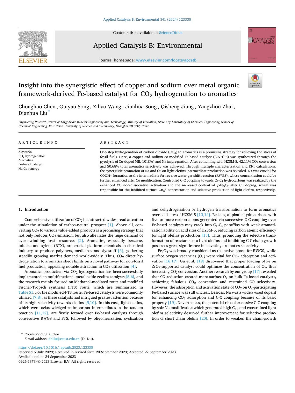 Insight Into The Synergistic Effect Of Copper And Sodium Over Metal Organic Frameworkderived Febased Catalyst For Co2 Hydrogenation To Aromatics Chonghao Chen