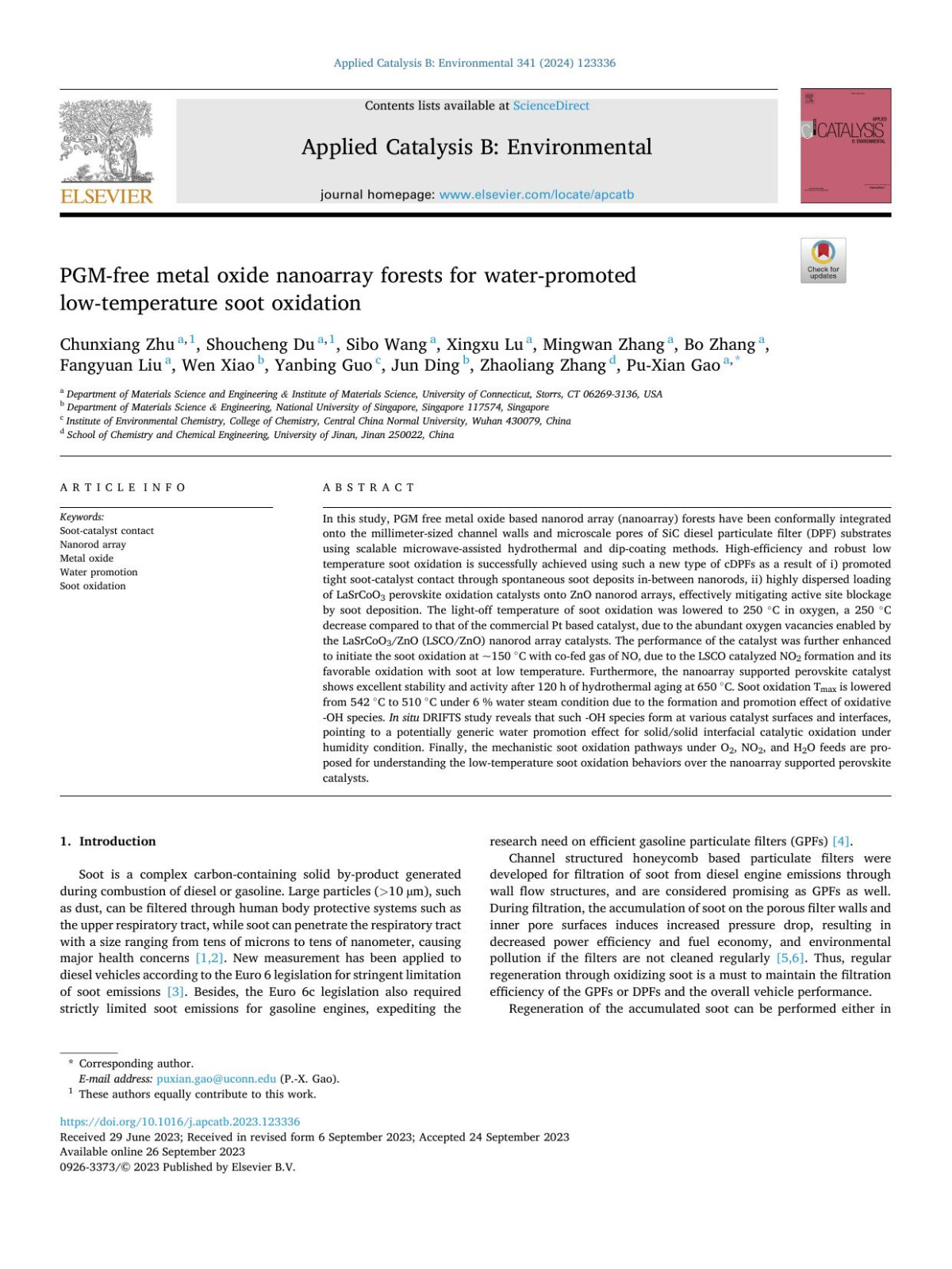 Pgmfree Metal Oxide Nanoarray Forests For Waterpromoted Lowtemperature Soot Oxidation Chunxiang Zhu