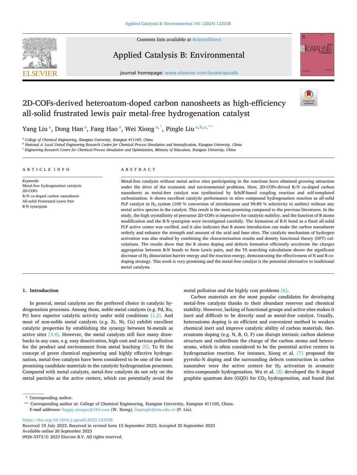 2dcofsderived Heteroatomdoped Carbon Nanosheets As Highefficiency Allsolid Frustrated Lewis Pair Metalfree Hydrogenation Catalyst Yang Liu
