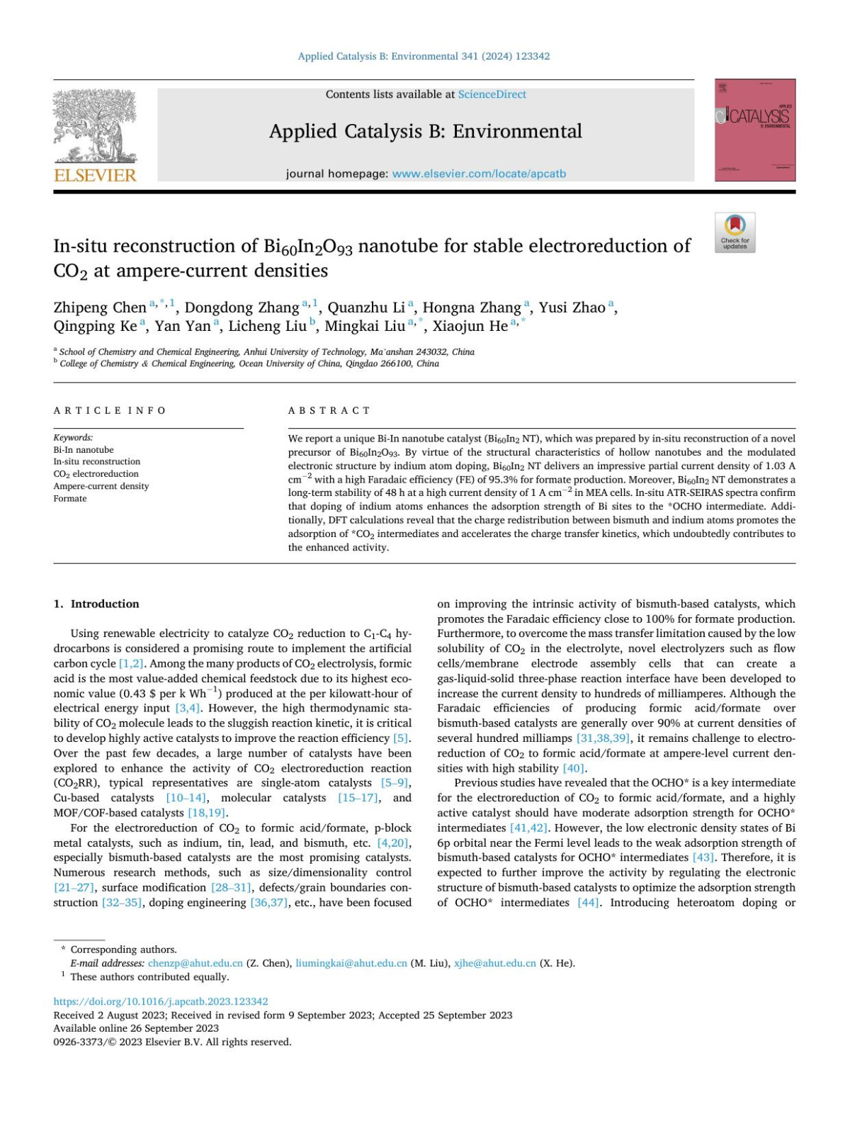 Insitu Reconstruction Of Bi60in2o93 Nanotube For Stable Electroreduction Of Co2 At Amperecurrent Densities Zhipeng Chen