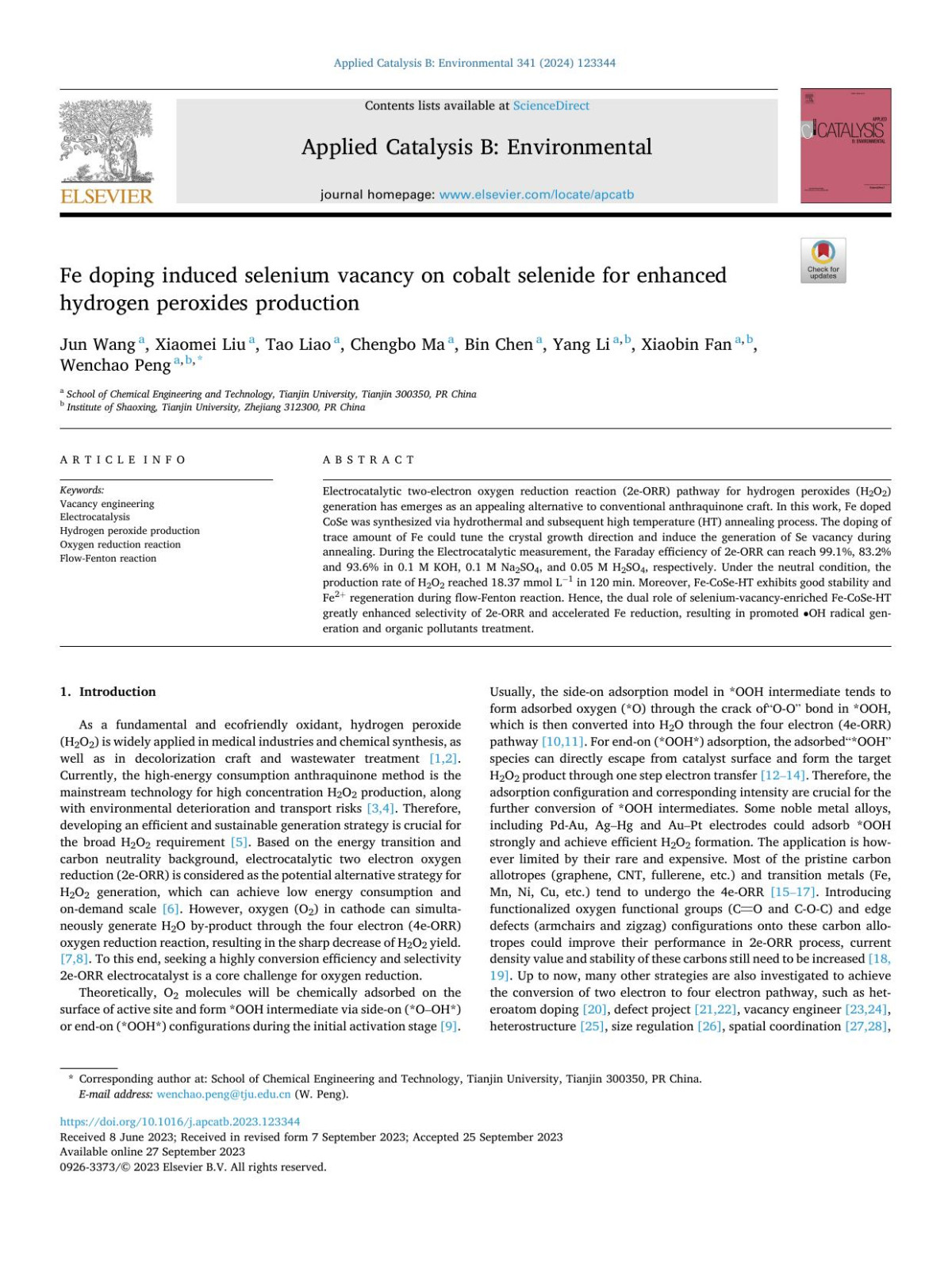Fe Doping Induced Selenium Vacancy On Cobalt Selenide For Enhanced Hydrogen Peroxides Production Jun Wang