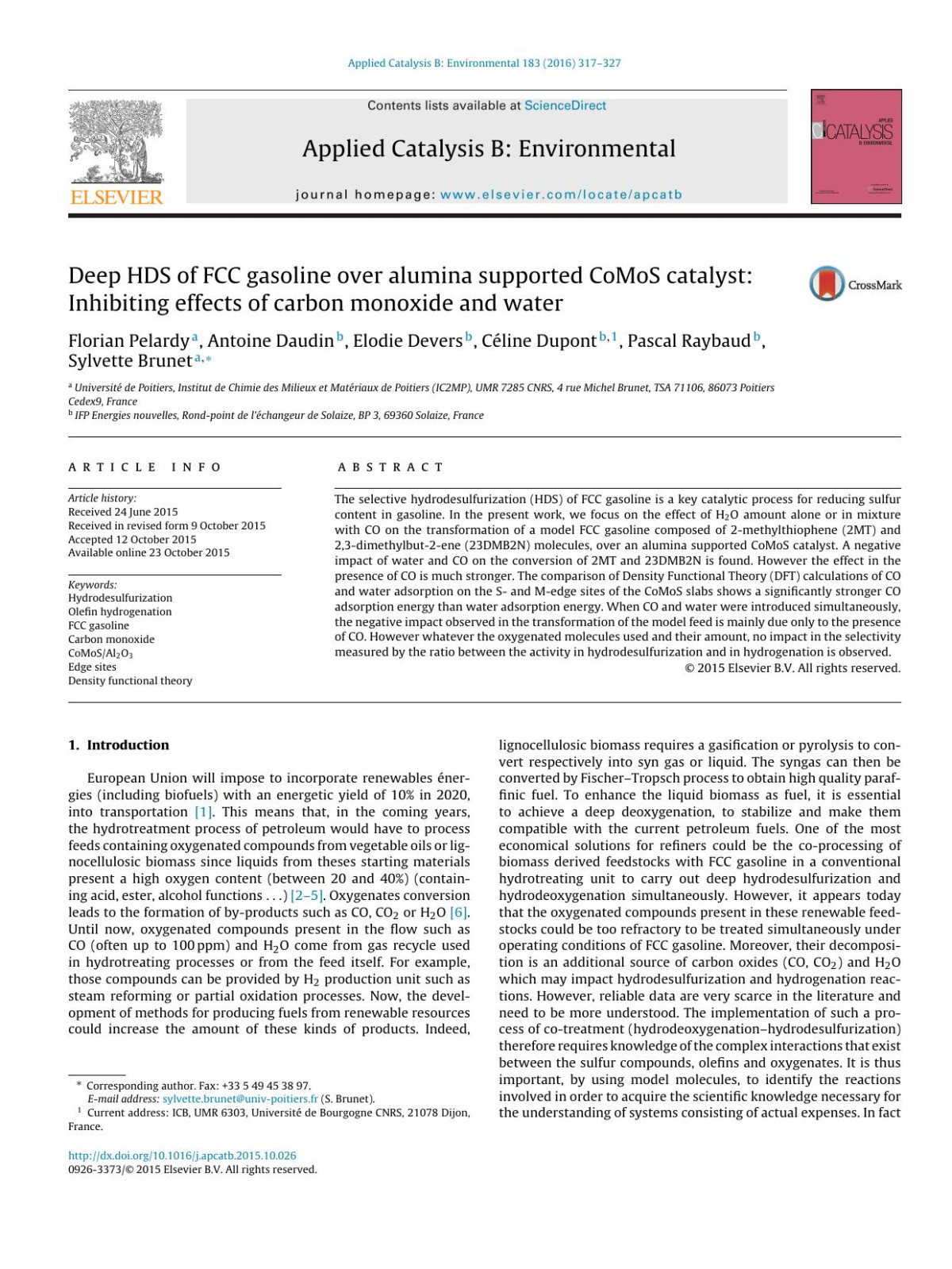 Deep Hds Of Fcc Gasoline Over Alumina Supported Comos Catalyst Inhibiting Effects Of Carbon Monoxide And Water Florian Pelardy Antoine Daudin Elodie Devers Cline Dupont Pascal Raybaud Sylvette Brunet