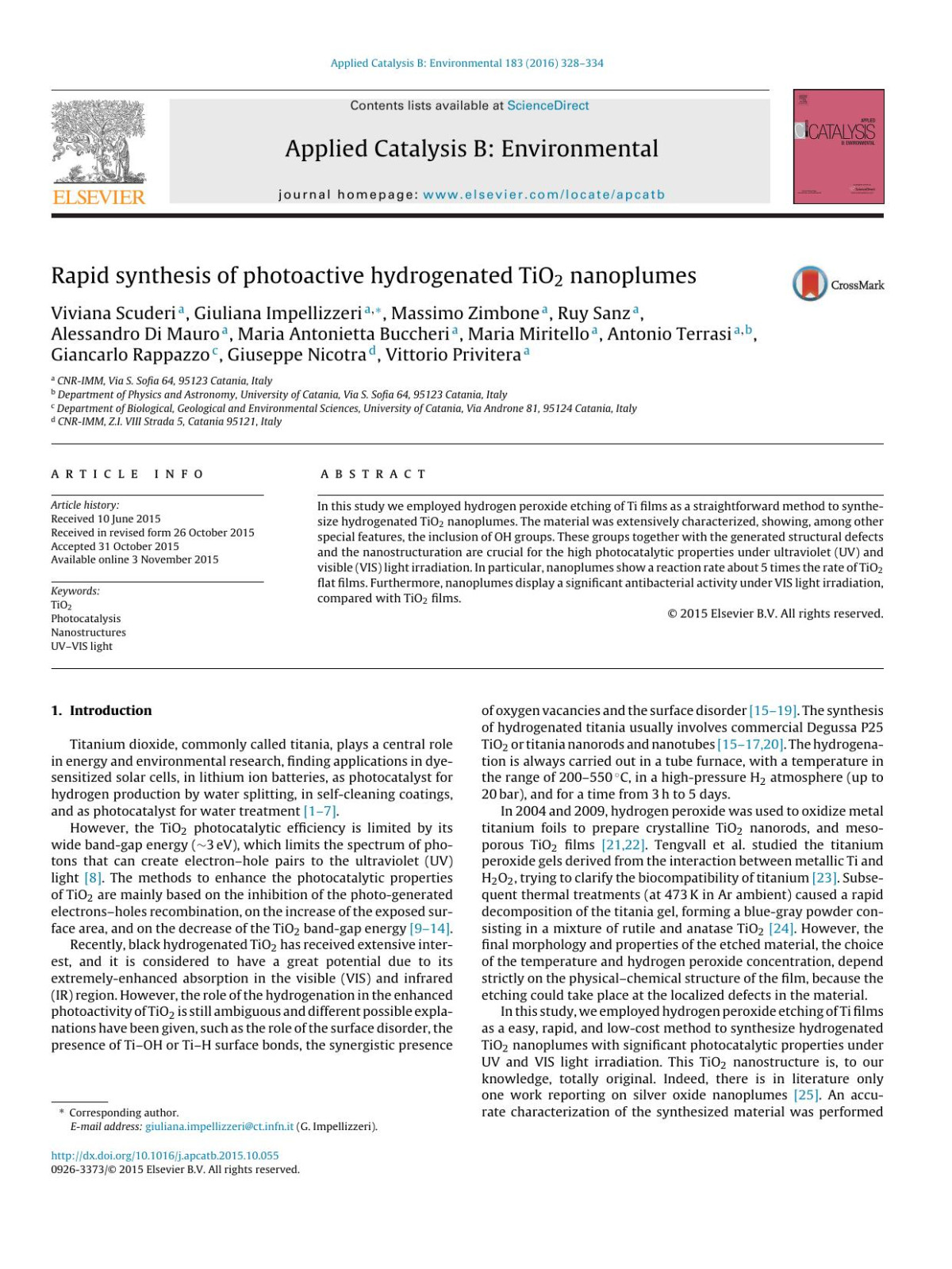 Rapid Synthesis Of Photoactive Hydrogenated Tio2 Nanoplumes Viviana Scuderi Giuliana Impellizzeri Massimo Zimbone Ruy Sanz Alessandro Di Mauro Maria Antonietta Buccheri Maria Miritello Antonio Terrasi Giancarlo Rappazzo Giuseppe Nicotra Vittorio Privitera