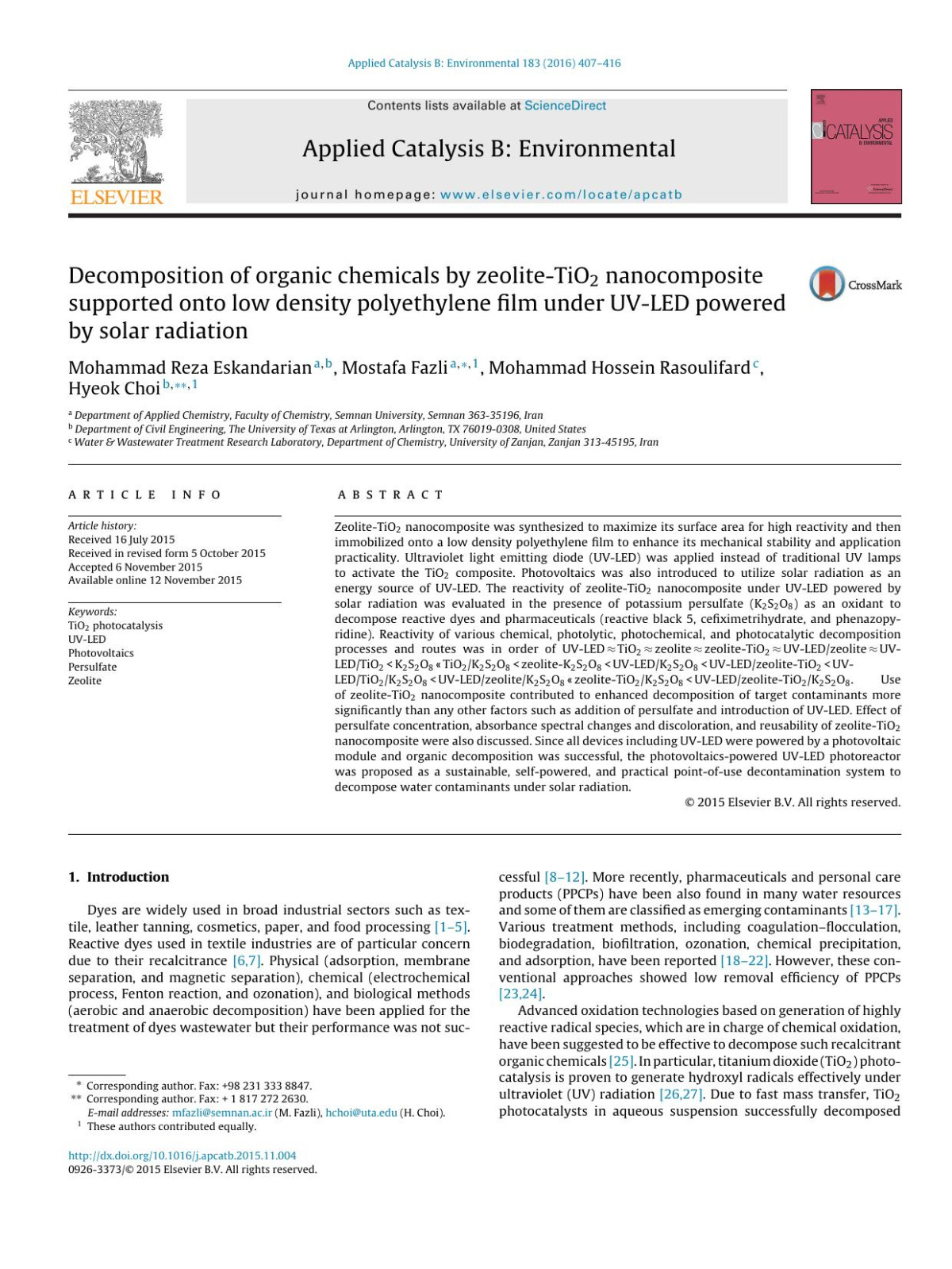 Decomposition Of Organic Chemicals By Zeolitetio2 Nanocomposite Supported Onto Low Density Polyethylene Film Under Uvled Powered By Solar Radiation Mohammad Reza Eskandarian Mostafa Fazli Mohammad Hossein Rasoulifard Hyeok Choi