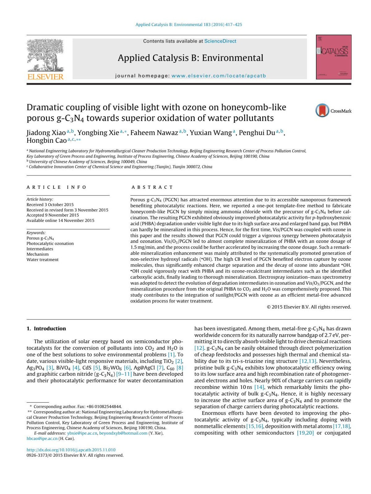 Dramatic Coupling Of Visible Light With Ozone On Honeycomblike Porous Gc3n4 Towards Superior Oxidation Of Water Pollutants Jiadong Xiao Yongbing Xie Faheem Nawaz Yuxian Wang Penghui Du Hongbin Cao