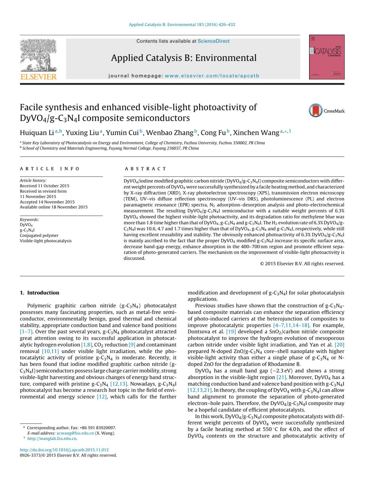Facile Synthesis And Enhanced Visiblelight Photoactivity Of Dyvo4gc3n4i Composite Semiconductors Huiquan Li Yuxing Liu Yumin Cui Wenbao Zhang Cong Fu Xinchen Wang