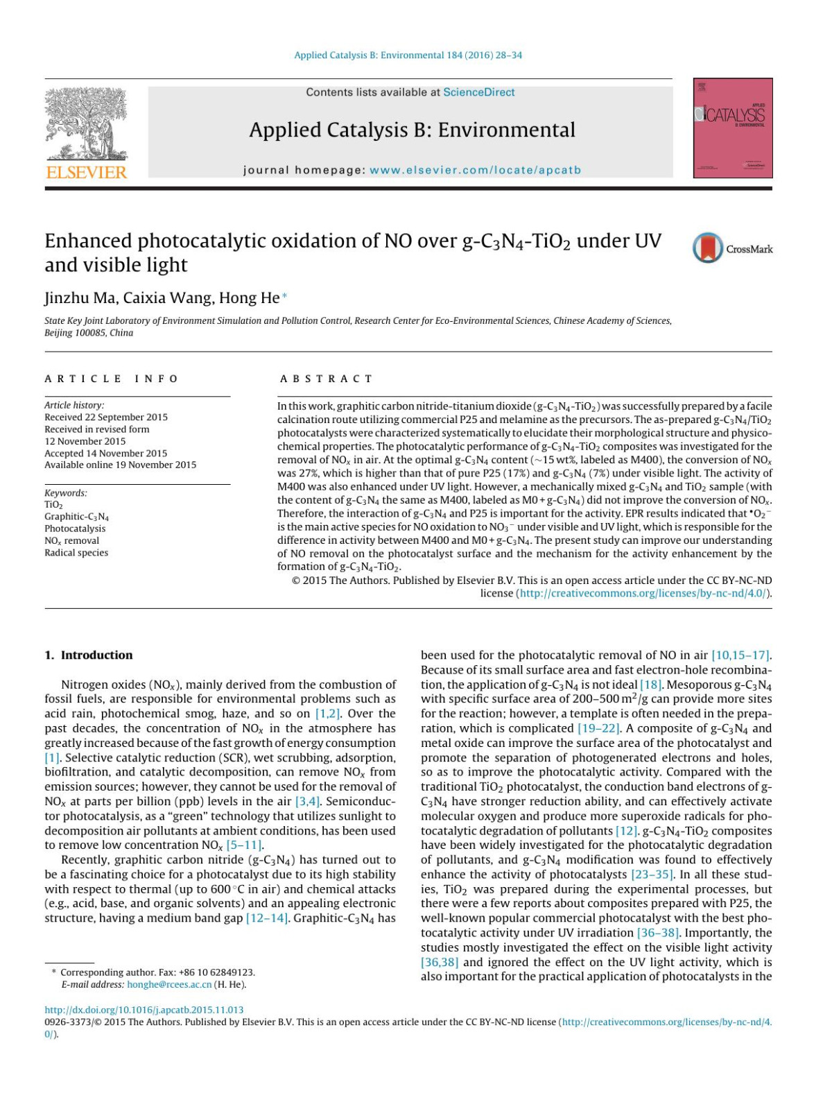 Enhanced Photocatalytic Oxidation Of No Over Gc3n4tio2 Under Uv And Visible Light Jinzhu Ma Caixia Wang Hong He