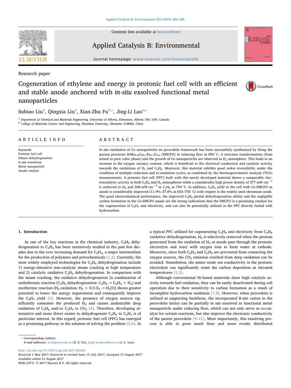 Cogeneration Of Ethylene And Energy In Protonic Fuel Cell With An Efficient And Stable Anode Anchored With Insitu Exsolved Functional Metal Nanoparticles Subiao Liu Qingxia Liu Xianzhu Fu Jingli Luo