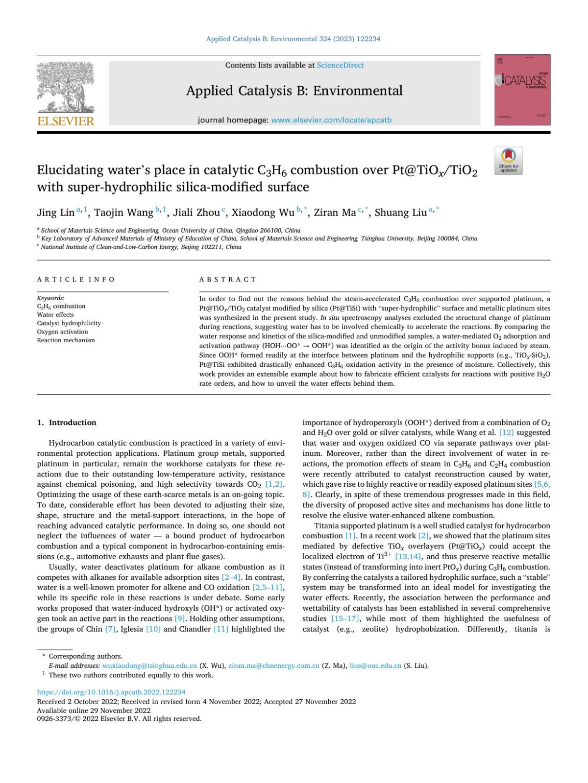 Elucidating Waters Place In Catalytic C3h6 Combustion Over Pttio X Tio2 With Superhydrophilic Silicamodified Surface Jing Lin