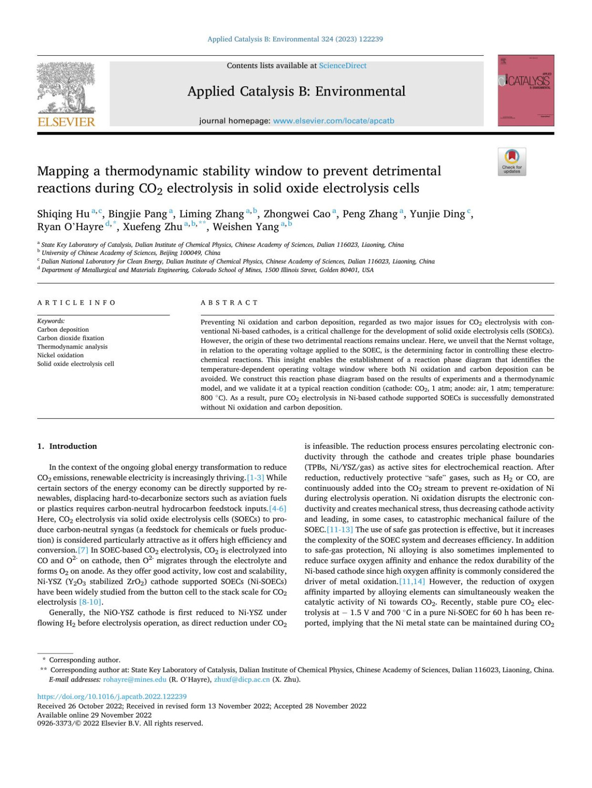 Mapping A Thermodynamic Stability Window To Prevent Detrimental Reactions During Co2 Electrolysis In Solid Oxide Electrolysis Cells Shiqing Hu