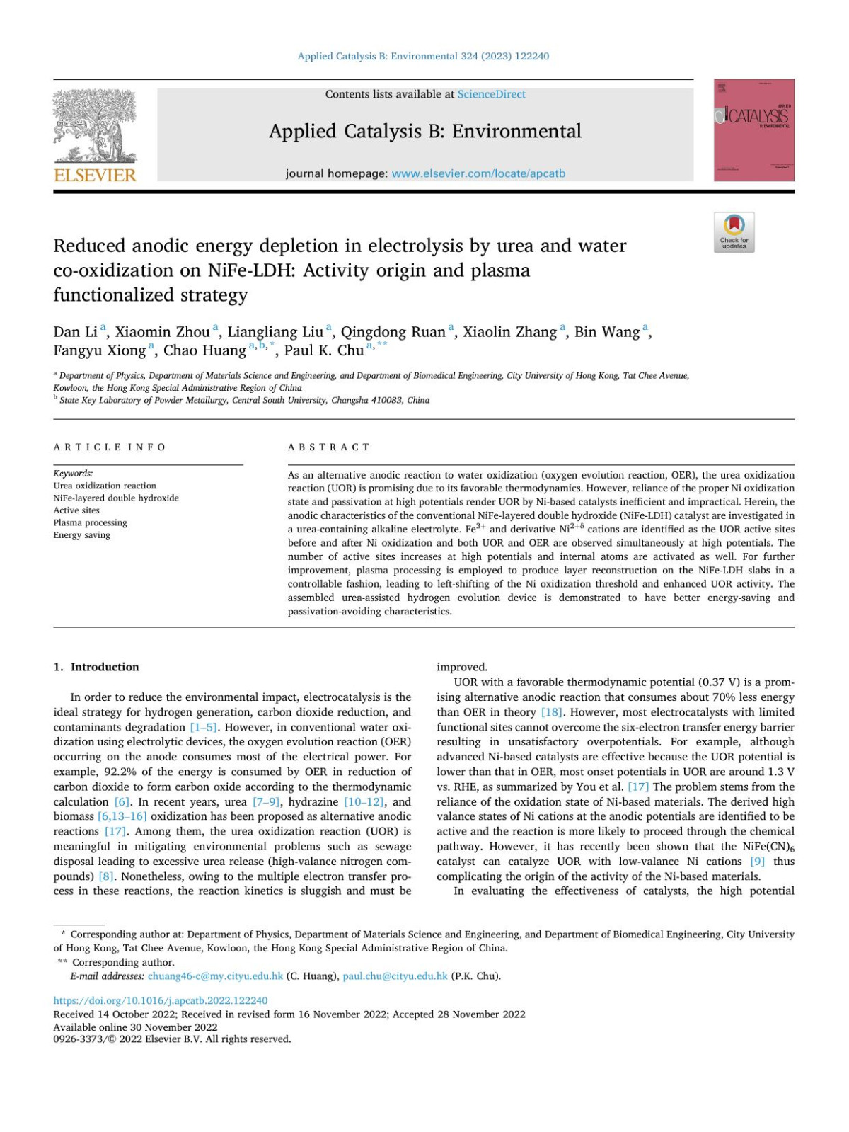 Reduced Anodic Energy Depletion In Electrolysis By Urea And Water Cooxidization On Nifeldh Activity Origin And Plasma Functionalized Strategy Dan Li