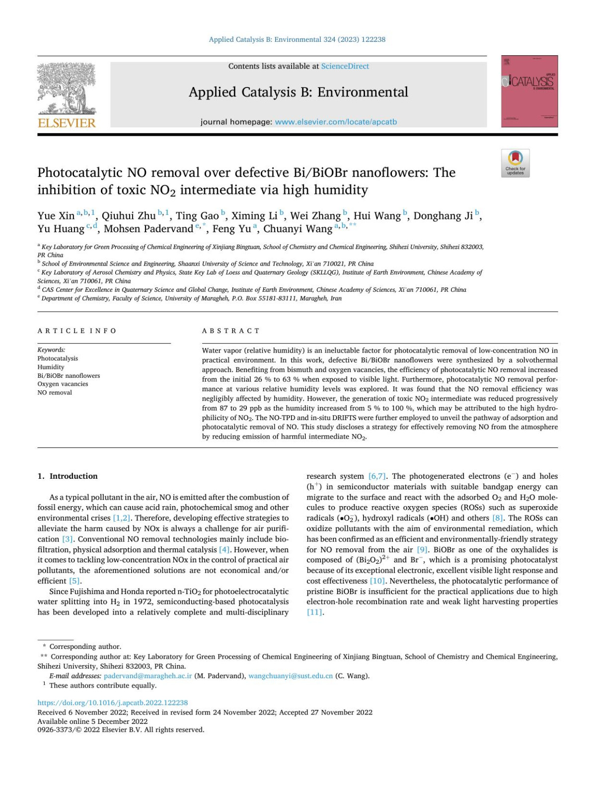 Photocatalytic No Removal Over Defective Bibiobr Nanoflowers The Inhibition Of Toxic No2 Intermediate Via High Humidity Yue Xin