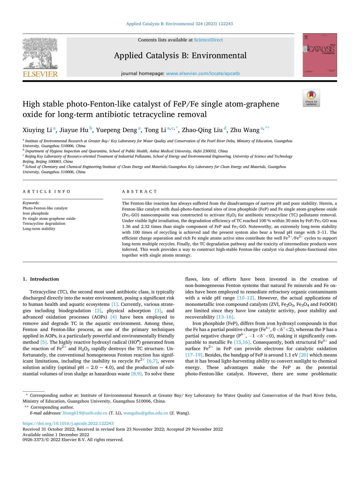High Stable Photofentonlike Catalyst Of Fepfe Single Atomgraphene Oxide For Longterm Antibiotic Tetracycline Removal Xiuying Li