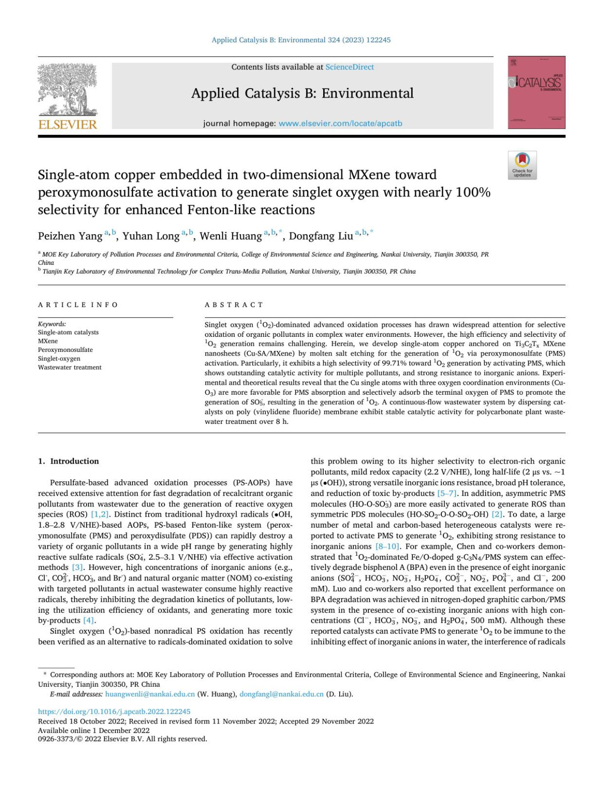 Singleatom Copper Embedded In Twodimensional Mxene Toward Peroxymonosulfate Activation To Generate Singlet Oxygen With Nearly 100 Selectivity For Enhanced Fentonlike Reactions Peizhen Yang