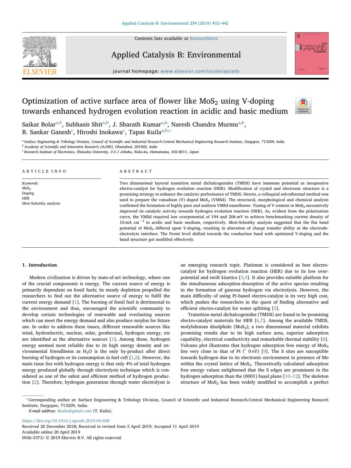 Optimization Of Active Surface Area Of Flower Like Mos2 Using Vdoping Towards Enhanced Hydrogen Evolution Reaction In Acidic And Basic Medium Saikat Bolar Subhasis Shit J Sharath Kumar Naresh Chandra Murmu R Sankar Ganesh Hiroshi Inokawa Tapas Kuila