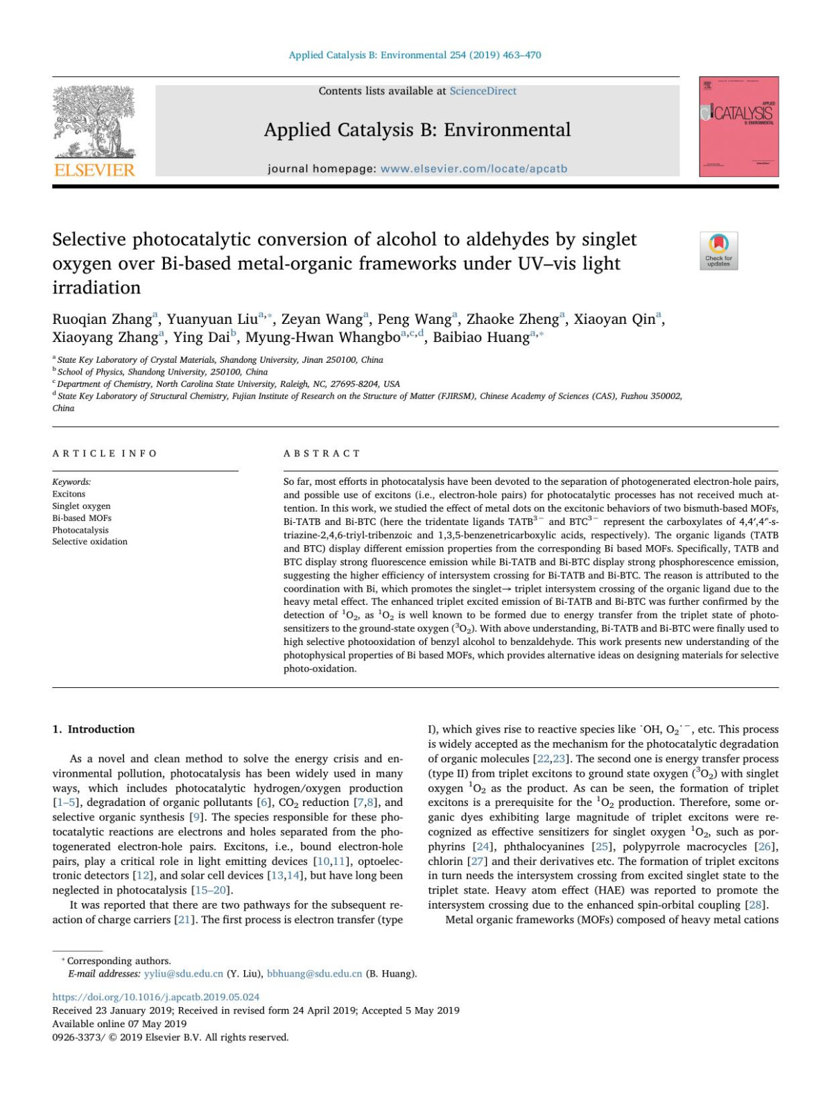 Selective Photocatalytic Conversion Of Alcohol To Aldehydes By Singlet Oxygen Over Bibased Metalorganic Frameworks Under Uvvis Light Irradiation Ruoqian Zhang Yuanyuan Liu Zeyan Wang Peng Wang Zhaoke Zheng Xiaoyan Qin Xiaoyang Zhang Ying Dai Myunghwan Whangbo Baibiao Huang