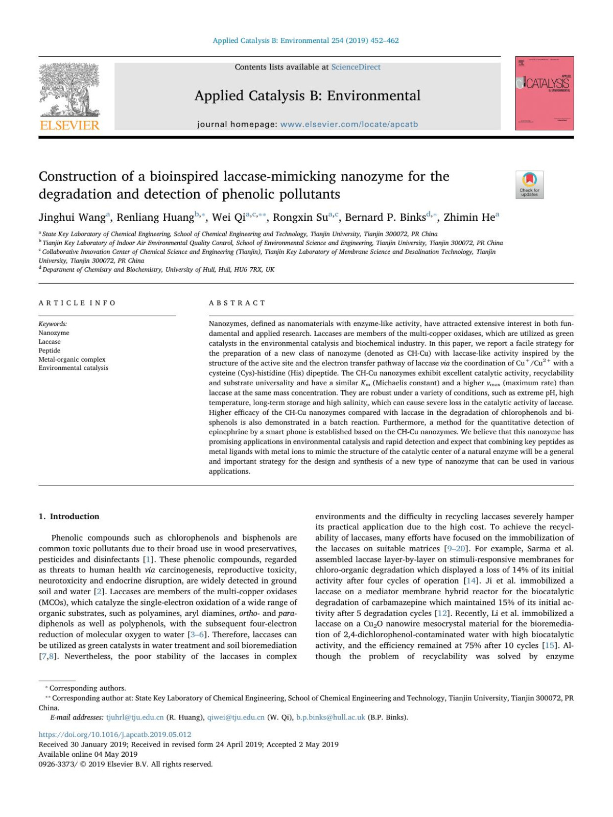 Construction Of A Bioinspired Laccasemimicking Nanozyme For The Degradation And Detection Of Phenolic Pollutants Jinghui Wang Renliang Huang Wei Qi Rongxin Su Bernard P Binks Zhimin He