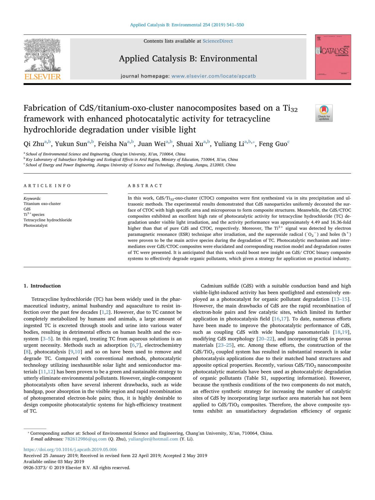 Fabrication Of Cdstitaniumoxocluster Nanocomposites Based On A Ti32 Framework With Enhanced Photocatalytic Activity For Tetracycline Hydrochloride Degradation Under Visible Light Qi Zhu Yukun Sun Feisha Na Juan Wei Shuai Xu Yuliang Li Feng Guo