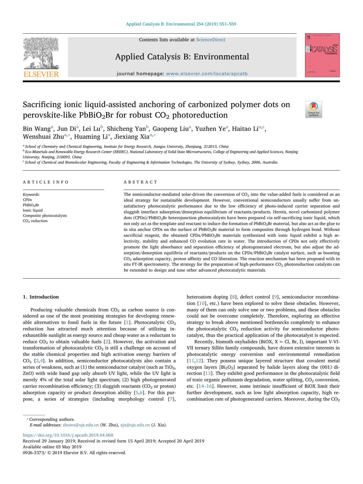 Sacrificing Ionic Liquidassisted Anchoring Of Carbonized Polymer Dots On Perovskitelike Pbbio2br For Robust Co2 Photoreduction Bin Wang Jun Di Lei Lu Shicheng Yan Gaopeng Liu Yuzhen Ye Haitao Li Wenshuai Zhu Huaming Li Jiexiang Xia
