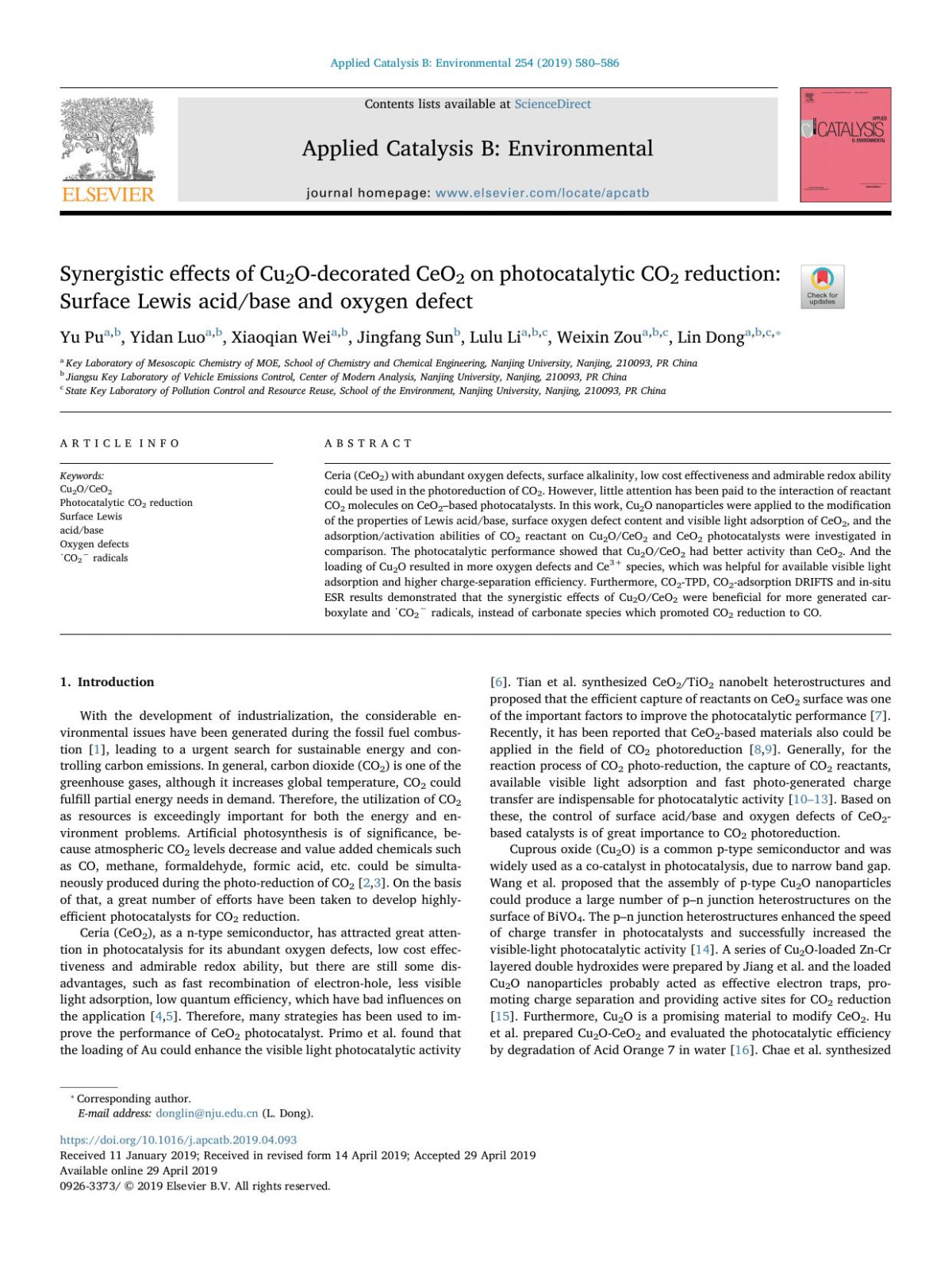 Synergistic Effects Of Cu2odecorated Ceo2 On Photocatalytic Co2 Reduction Surface Lewis Acidbase And Oxygen Defect Yu Pu Yidan Luo Xiaoqian Wei Jingfang Sun Lulu Li Weixin Zou Lin Dong