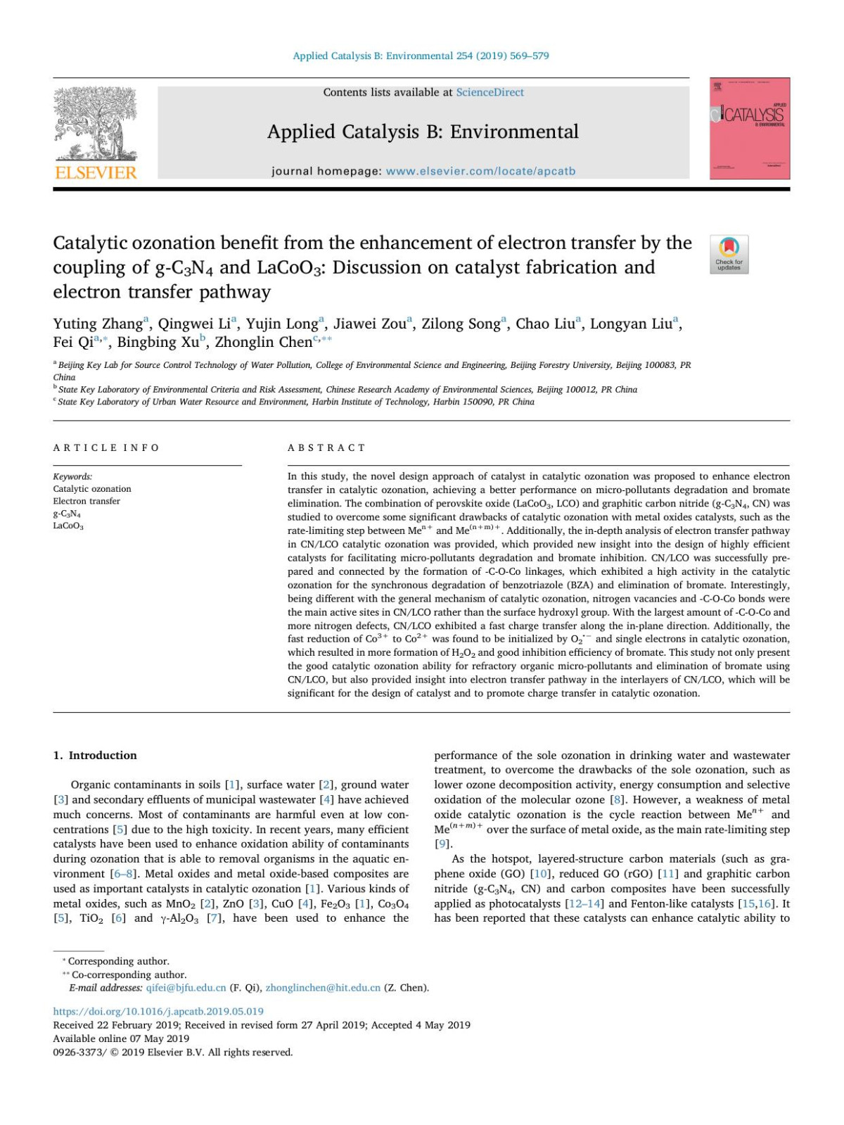 Catalytic Ozonation Benefit From The Enhancement Of Electron Transfer By The Coupling Of Gc3n4 And Lacoo3 Discussion On Catalyst Fabrication And Electron Transfer Pathway Yuting Zhang Qingwei Li Yujin Long Jiawei Zou Zilong Song Chao Liu Longyan Liu Fei Qi Bingbing Xu Zhonglin Chen