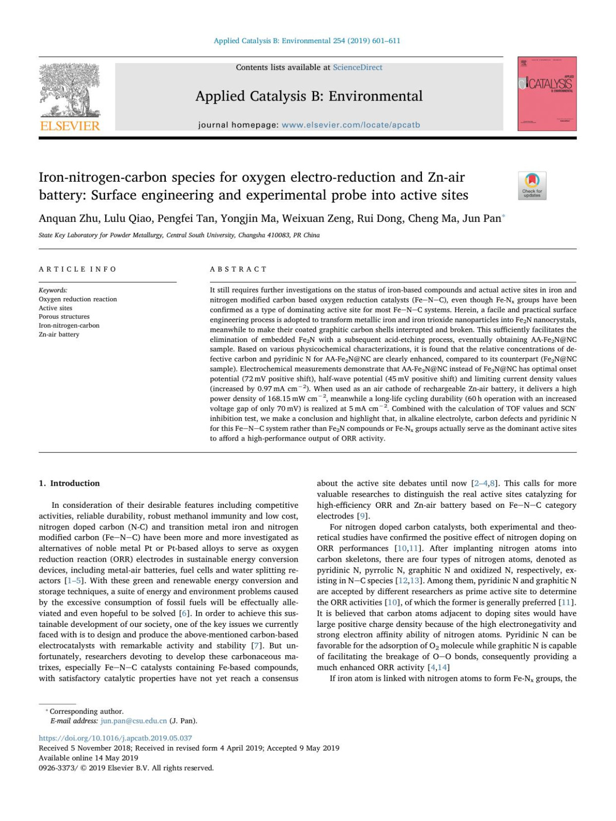 Ironnitrogencarbon Species For Oxygen Electroreduction And Znair Battery Surface Engineering And Experimental Probe Into Active Sites Anquan Zhu Lulu Qiao Pengfei Tan Yongjin Ma Weixuan Zeng Rui Dong Cheng Ma Jun Pan