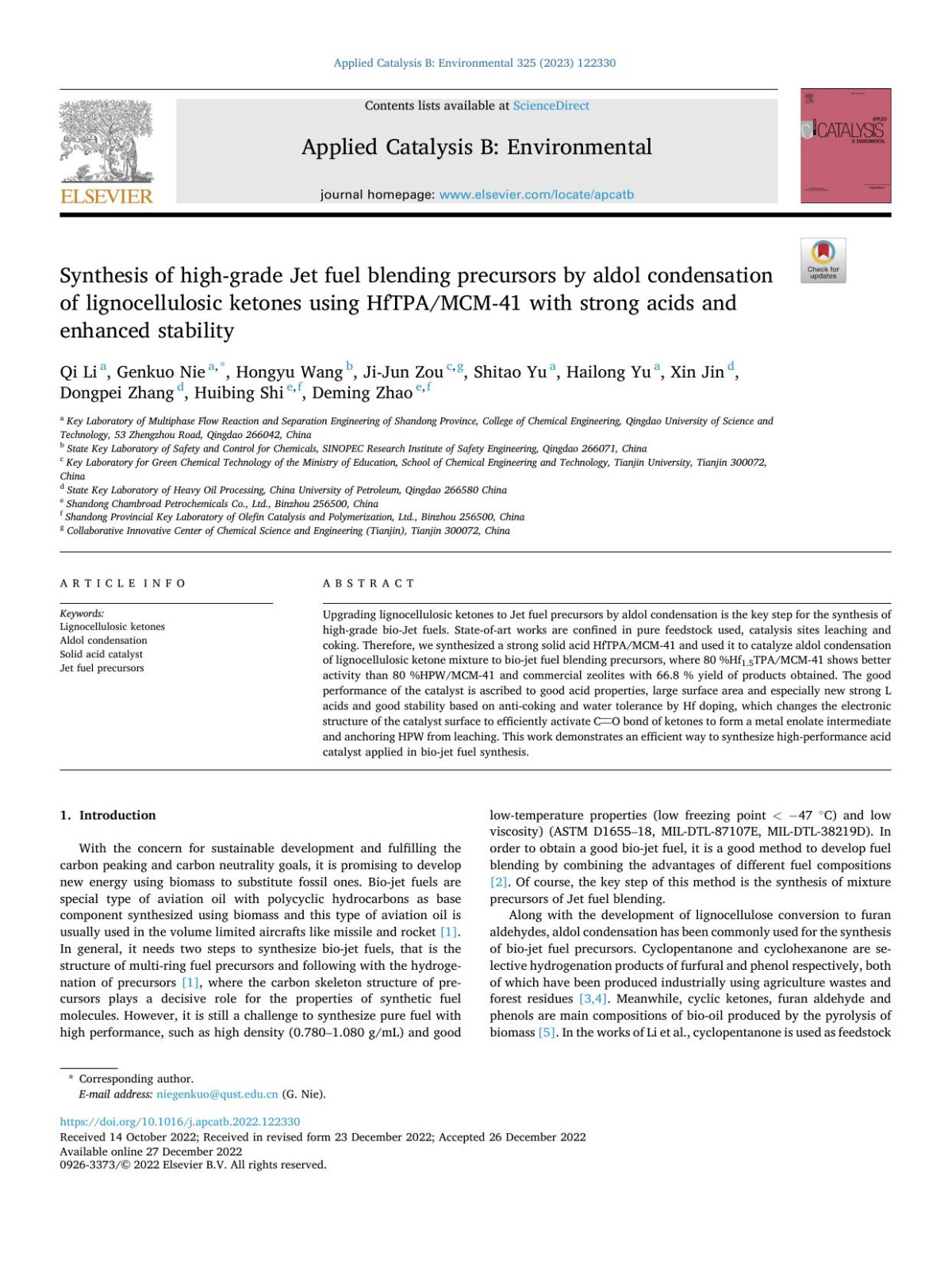 Synthesis Of Highgrade Jet Fuel Blending Precursors By Aldol Condensation Of Lignocellulosic Ketones Using Hftpamcm41 With Strong Acids And Enhanced Stability Qi Li