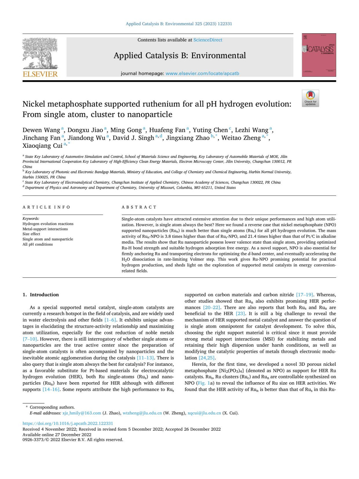 Nickel Metaphosphate Supported Ruthenium For All Ph Hydrogen Evolution From Single Atom Cluster To Nanoparticle Dewen Wang
