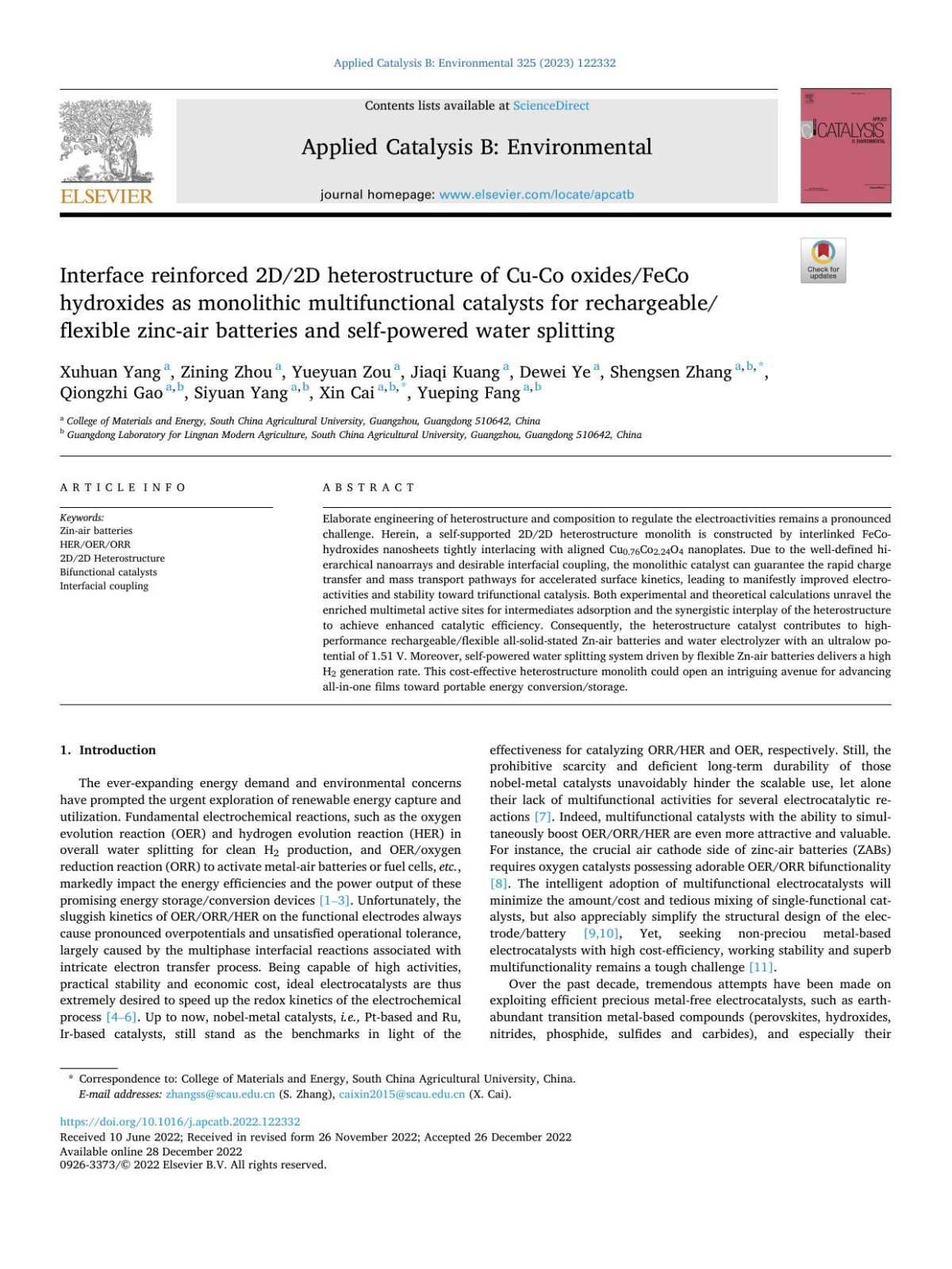 Interface Reinforced 2d2d Heterostructure Of Cuco Oxidesfeco Hydroxides As Monolithic Multifunctional Catalysts For Rechargeableflexible Zincair Batteries And Selfpowered Water Splitting Xuhuan Yang