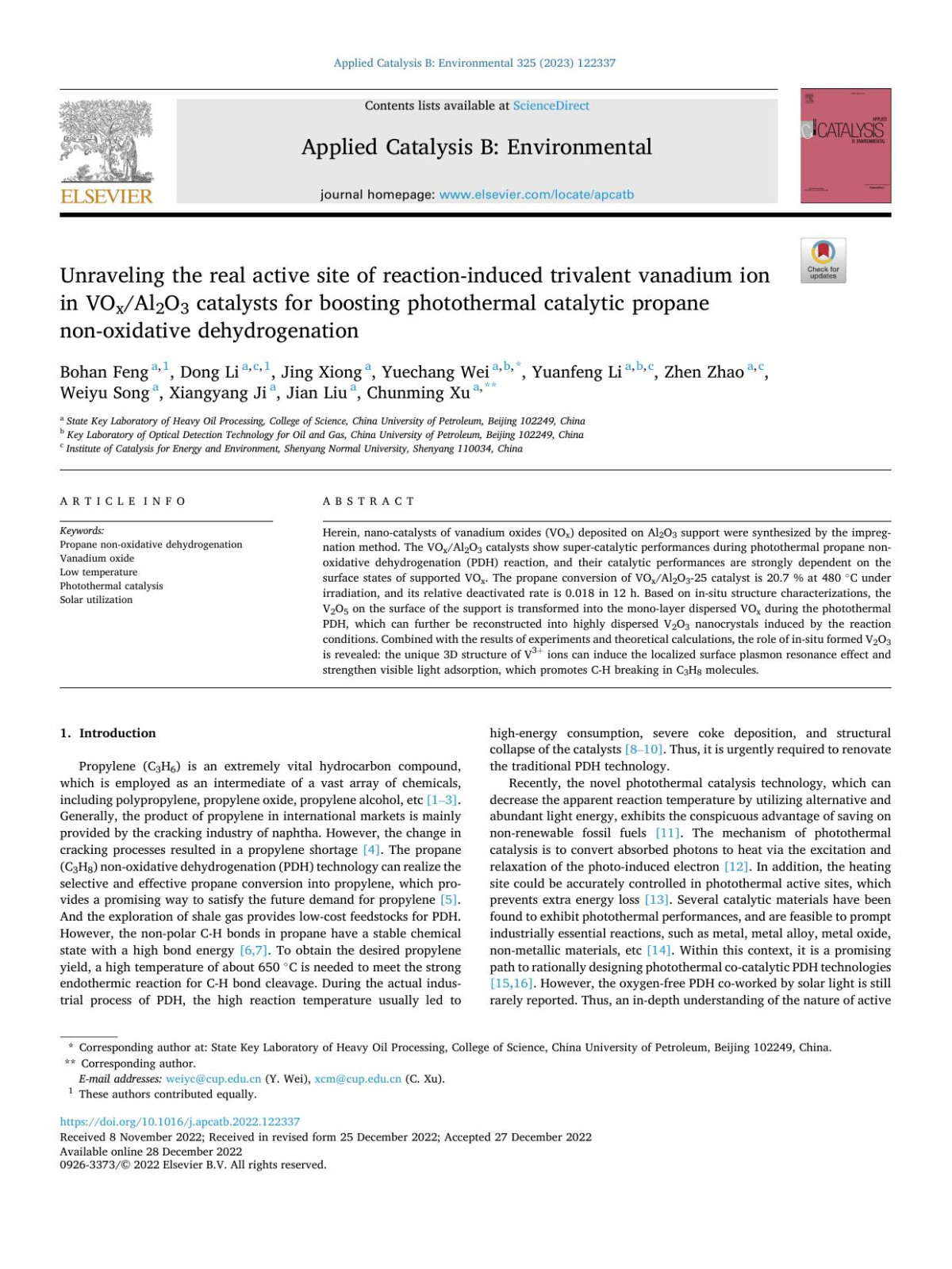 Unraveling The Real Active Site Of Reactioninduced Trivalent Vanadium Ion In Voxal2o3 Catalysts For Boosting Photothermal Catalytic Propane Nonoxidative Dehydrogenation Bohan Feng