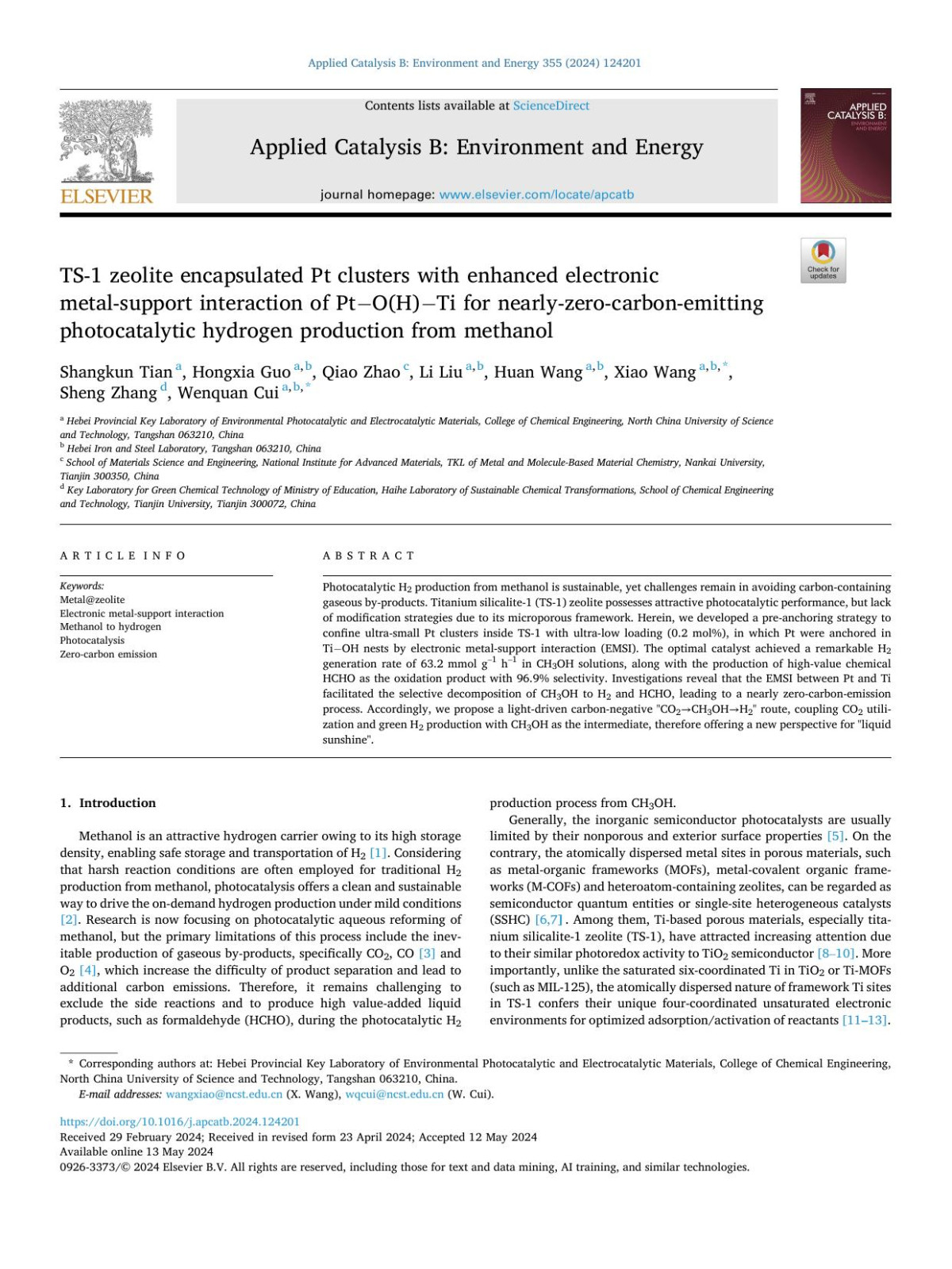 Ts1 Zeolite Encapsulated Pt Clusters With Enhanced Electronic Metalsupport Interaction Of Ptohti For Nearlyzerocarbonemitting Photocatalytic Hydrogen Production From Methanol Shangkun Tian