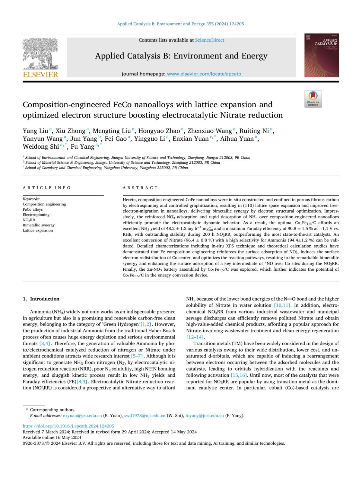 Compositionengineered Feco Nanoalloys With Lattice Expansion And Optimized Electron Structure Boosting Electrocatalytic Nitrate Reduction Yang Liu