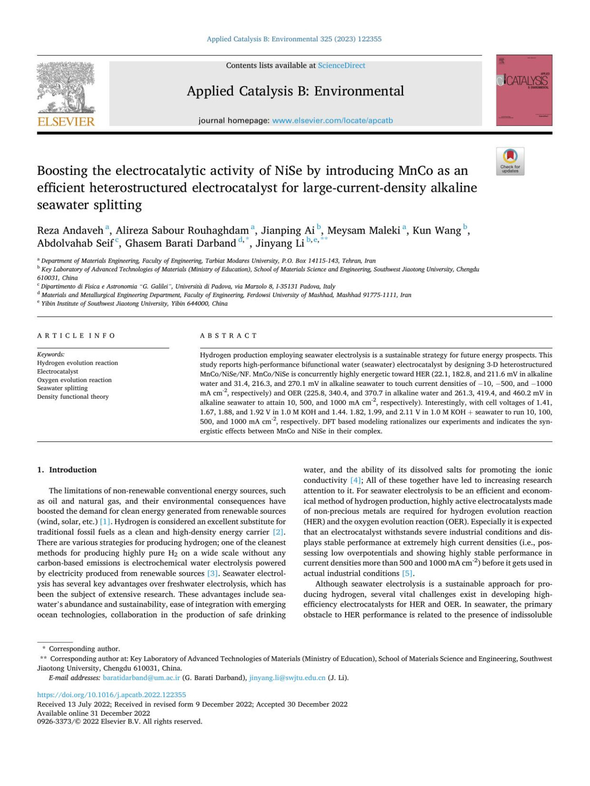 Boosting The Electrocatalytic Activity Of Nise By Introducing Mnco As An Efficient Heterostructured Electrocatalyst For Largecurrentdensity Alkaline Seawater Splitting Reza Andaveh