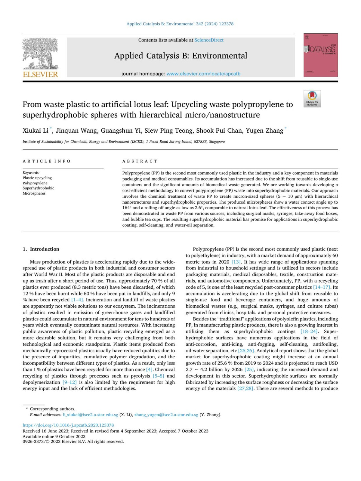 From Waste Plastic To Artificial Lotus Leaf Upcycling Waste Polypropylene To Superhydrophobic Spheres With Hierarchical Micronanostructure Xiukai Li