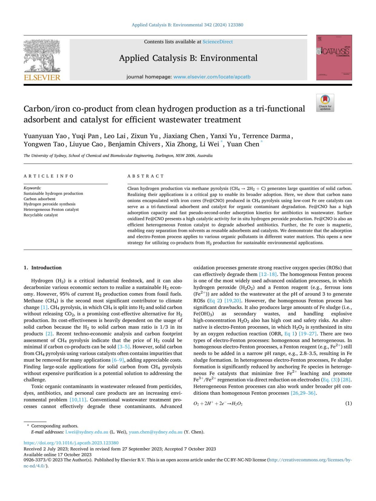 Carboniron Coproduct From Clean Hydrogen Production As A Trifunctional Adsorbent And Catalyst For Efficient Wastewater Treatment Yuanyuan Yao