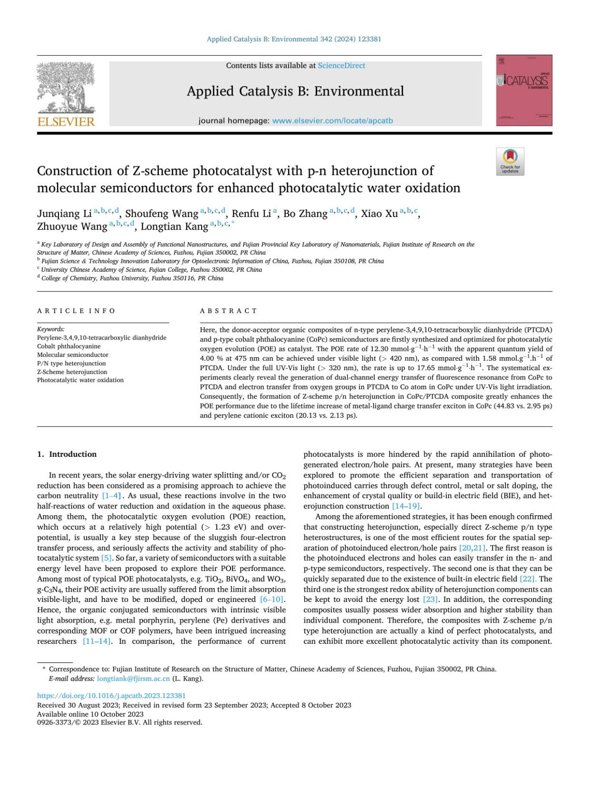 Construction Of Zscheme Photocatalyst With Pn Heterojunction Of Molecular Semiconductors For Enhanced Photocatalytic Water Oxidation Junqiang Li