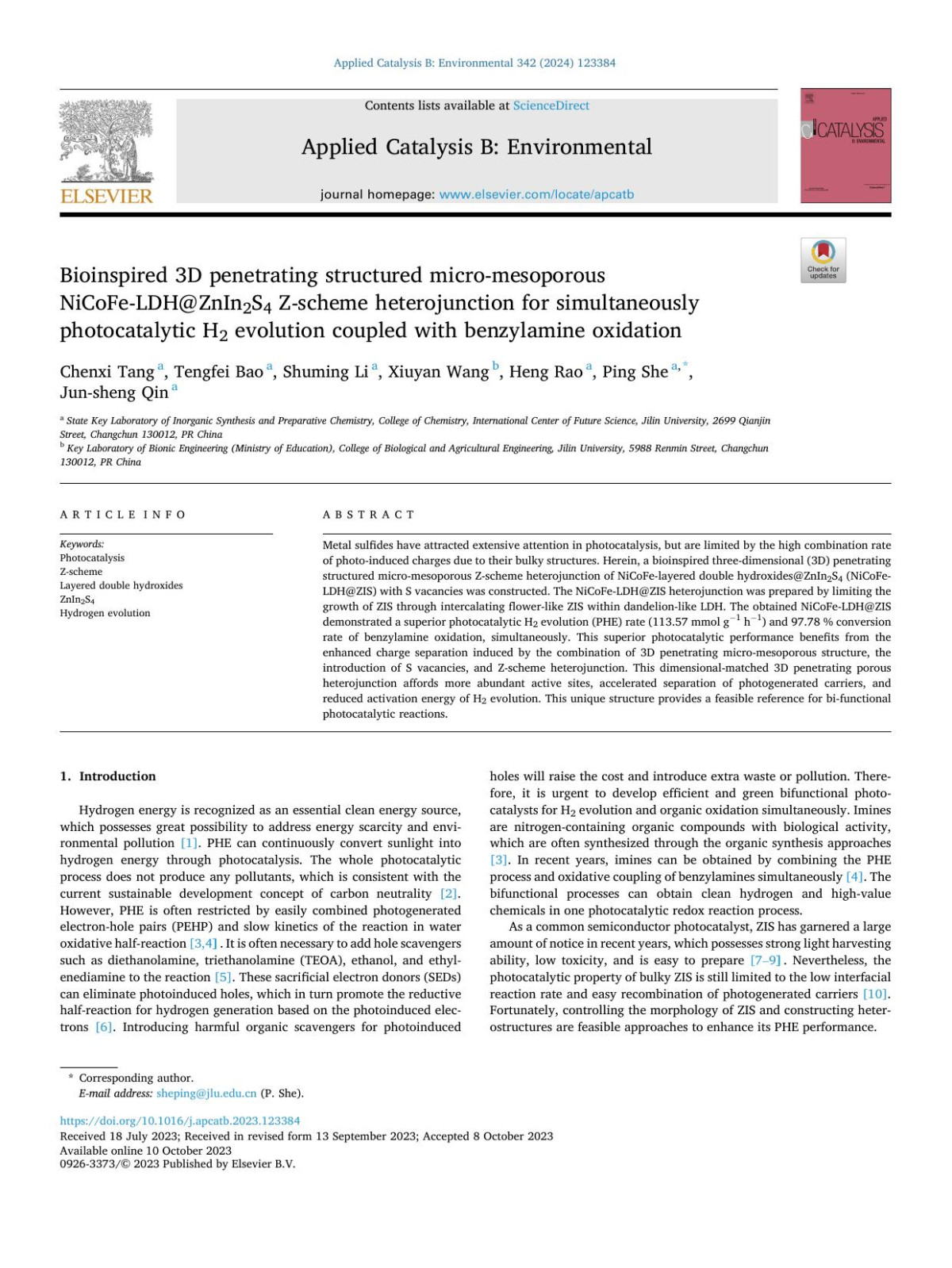 Bioinspired 3d Penetrating Structured Micromesoporous Nicofeldhznin2s4 Zscheme Heterojunction For Simultaneously Photocatalytic H2 Evolution Coupled With Benzylamine Oxidation Chenxi Tang