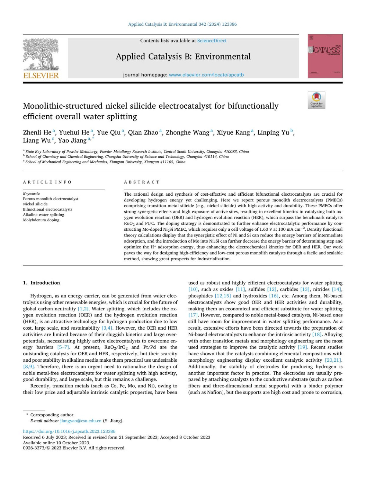 Monolithicstructured Nickel Silicide Electrocatalyst For Bifunctionally Efficient Overall Water Splitting Zhenli He