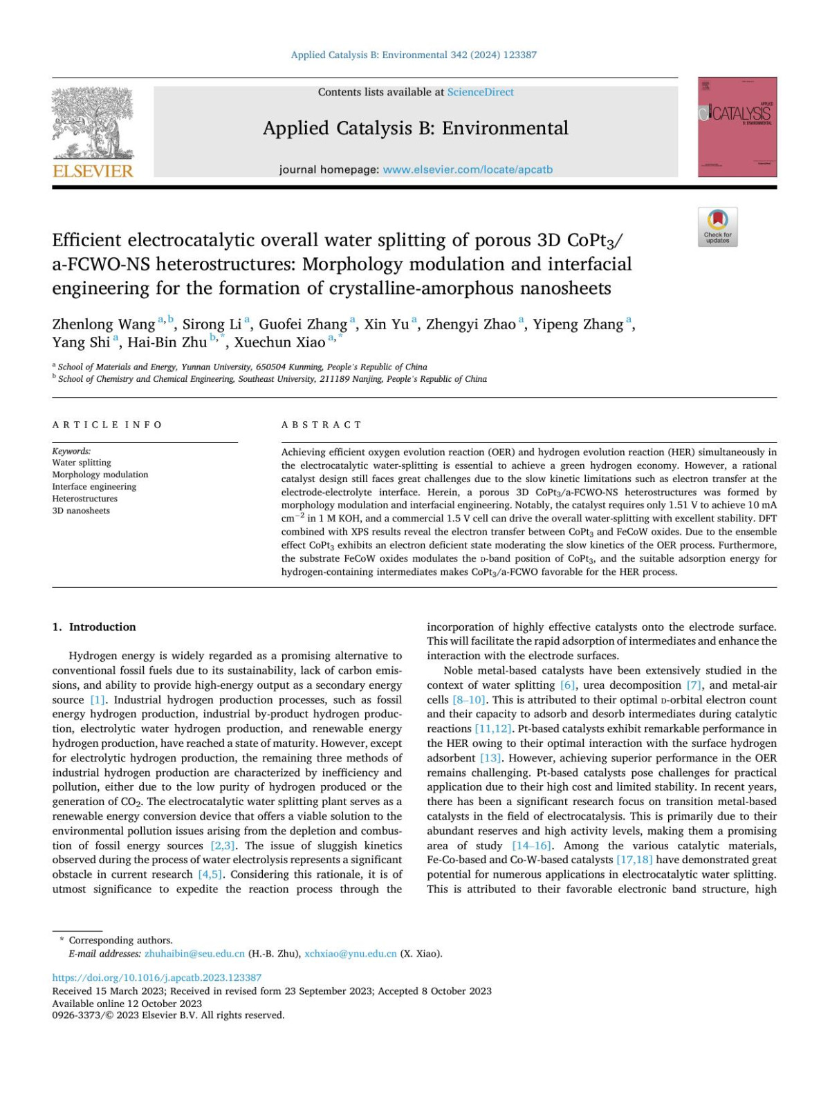 Efficient Electrocatalytic Overall Water Splitting Of Porous 3d Copt3afcwons Heterostructures Morphology Modulation And Interfacial Engineering For The Formation Of Crystallineamorphous Nanosheets Zhenlong Wang