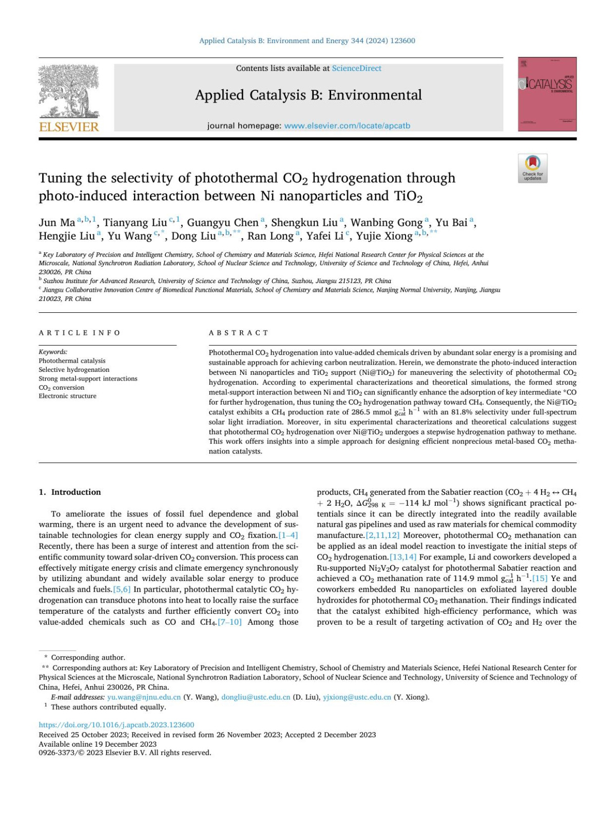 Tuning The Selectivity Of Photothermal Co2 Hydrogenation Through Photoinduced Interaction Between Ni Nanoparticles And Tio2 Jun Ma