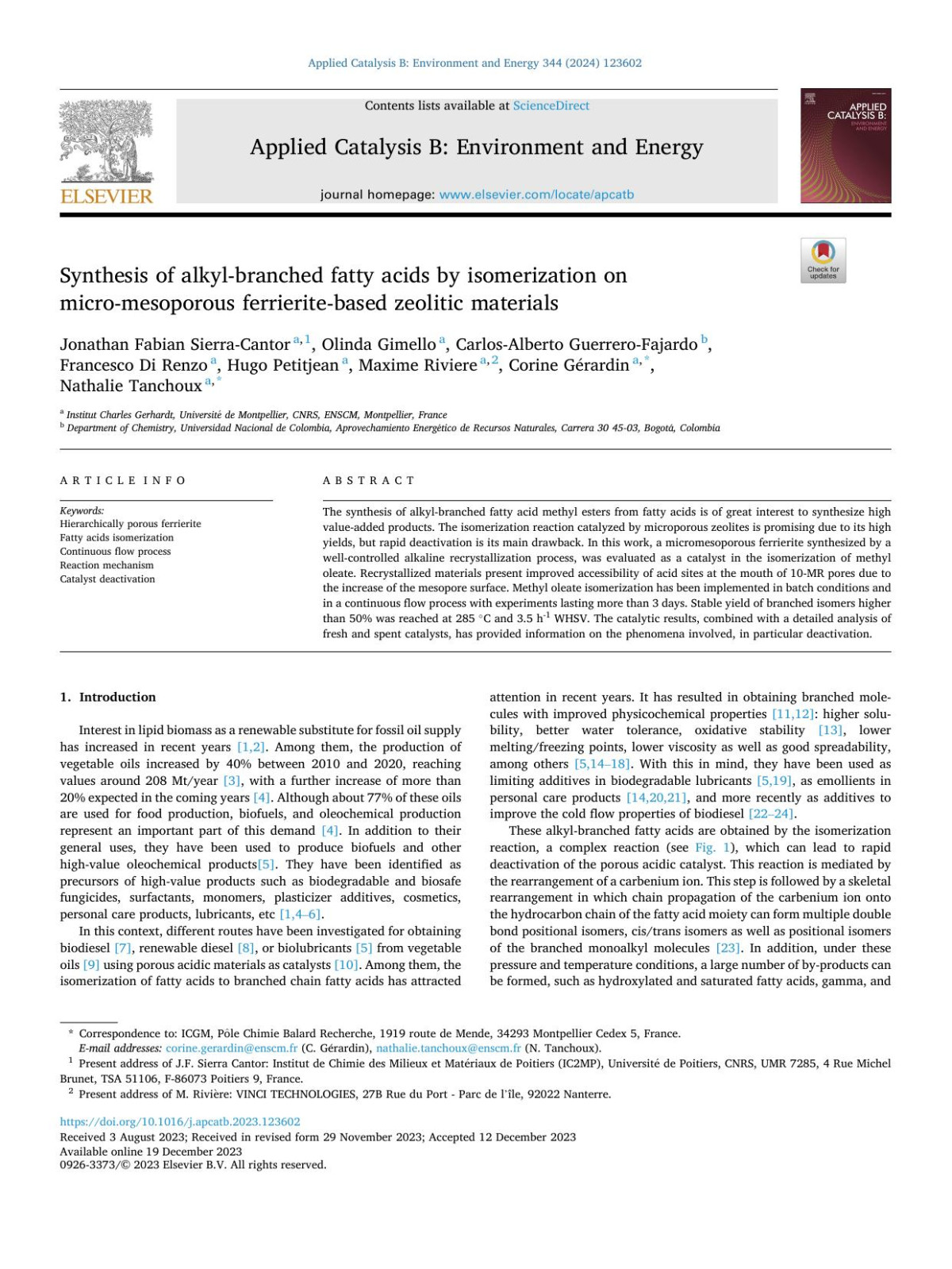 Synthesis Of Alkylbranched Fatty Acids By Isomerization On Micromesoporous Ferrieritebased Zeolitic Materials Jonathan Fabian Sierracantor