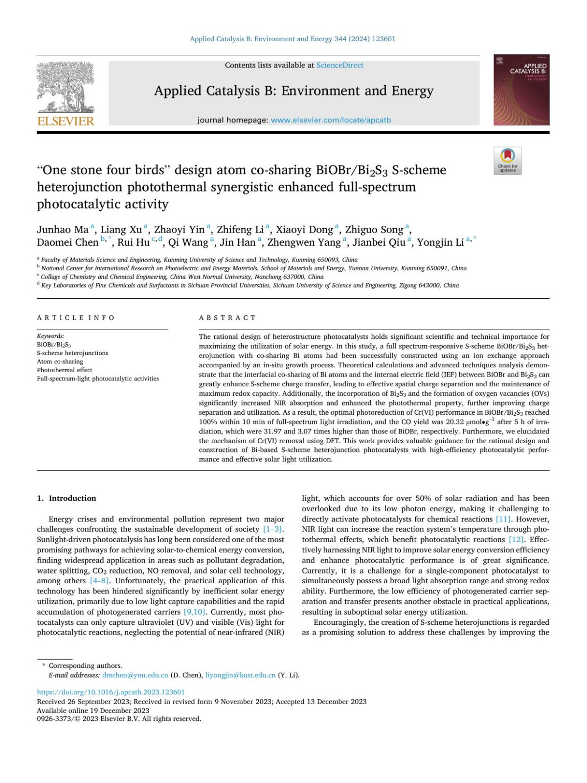 X80x9cone Stone Four Birdsx80x9d Design Atom Cosharing Biobrbi2s3 Sscheme Heterojunction Photothermal Synergistic Enhanced Fullspectrum Photocatalytic Activity Junhao Ma