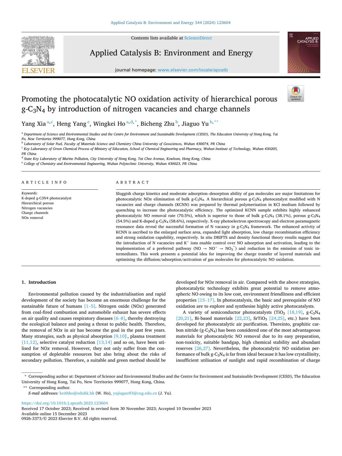 Promoting The Photocatalytic No Oxidation Activity Of Hierarchical Porous Gc3n4 By Introduction Of Nitrogen Vacancies And Charge Channels Yang Xia