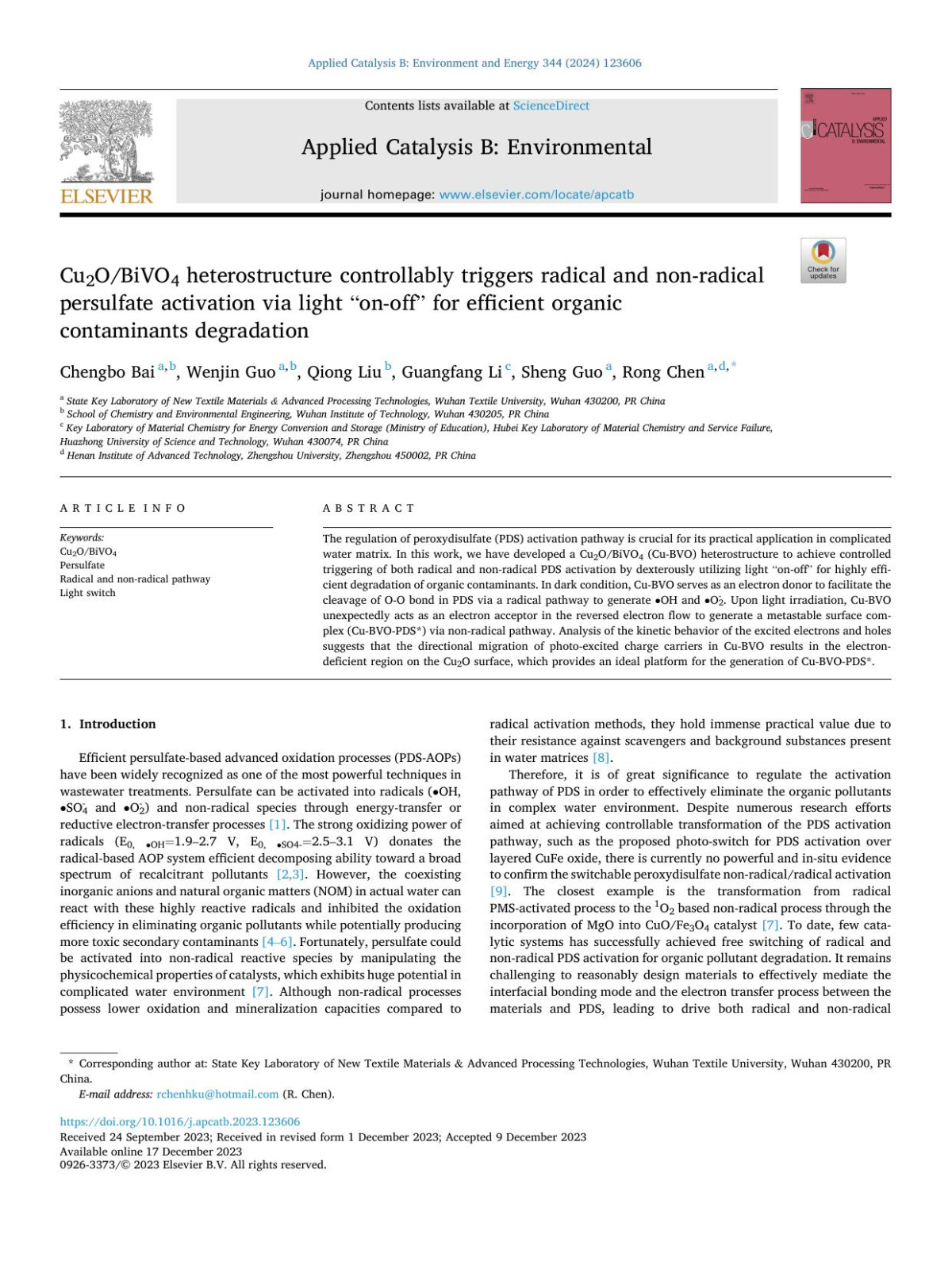 Cu2obivo4 Heterostructure Controllably Triggers Radical And Nonradical Persulfate Activation Via Light X80x9conoffx80x9d For Efficient Organic Contaminants Degradation Chengbo Bai