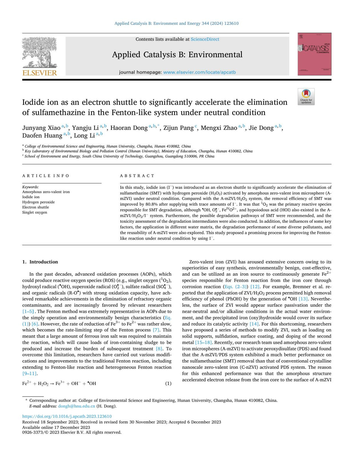 Iodide Ion As An Electron Shuttle To Significantly Accelerate The Elimination Of Sulfamethazine In The Fentonlike System Under Neutral Condition Junyang Xiao