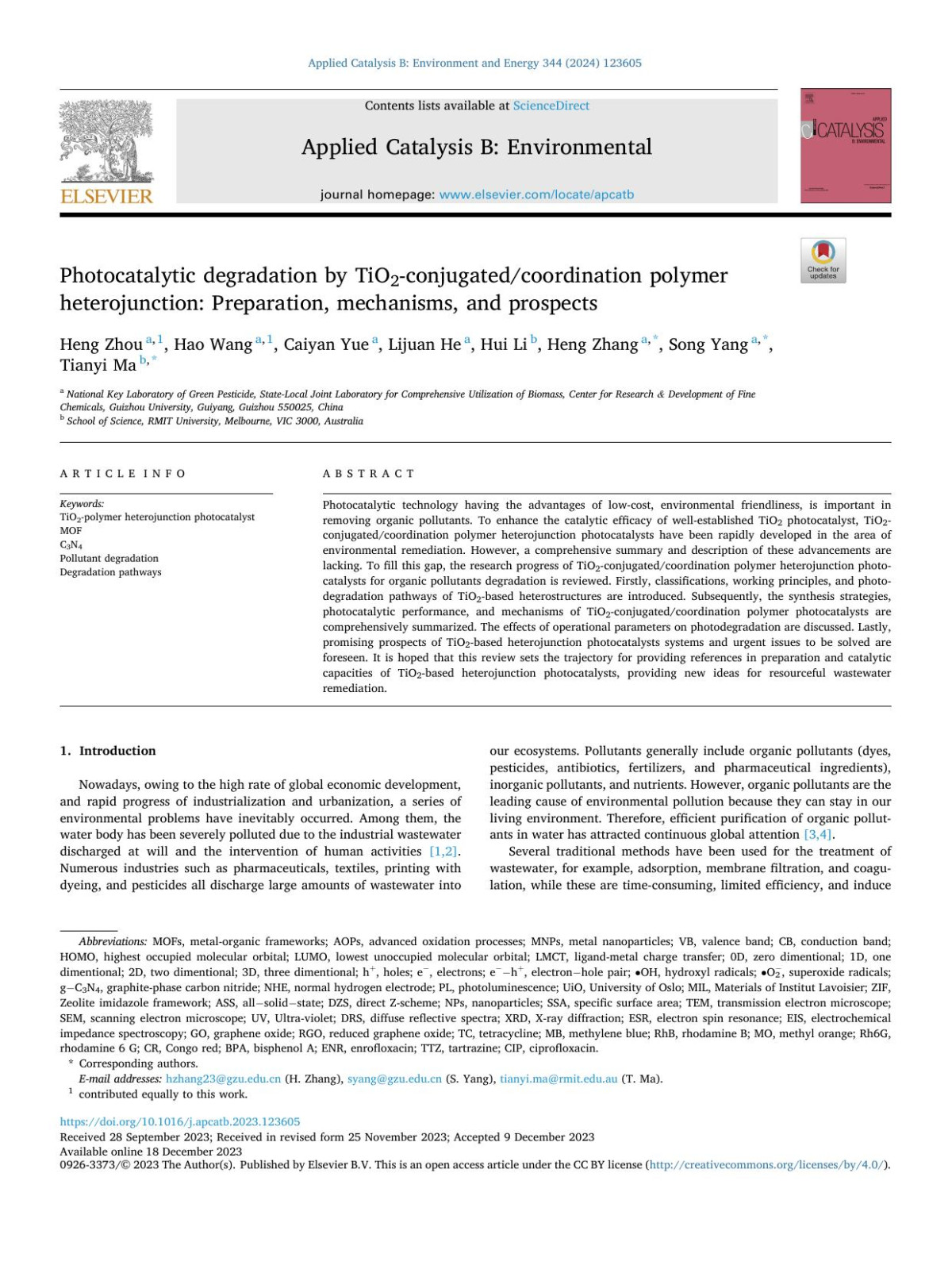 Photocatalytic Degradation By Tio2conjugatedcoordination Polymer Heterojunction Preparation Mechanisms And Prospects Heng Zhou