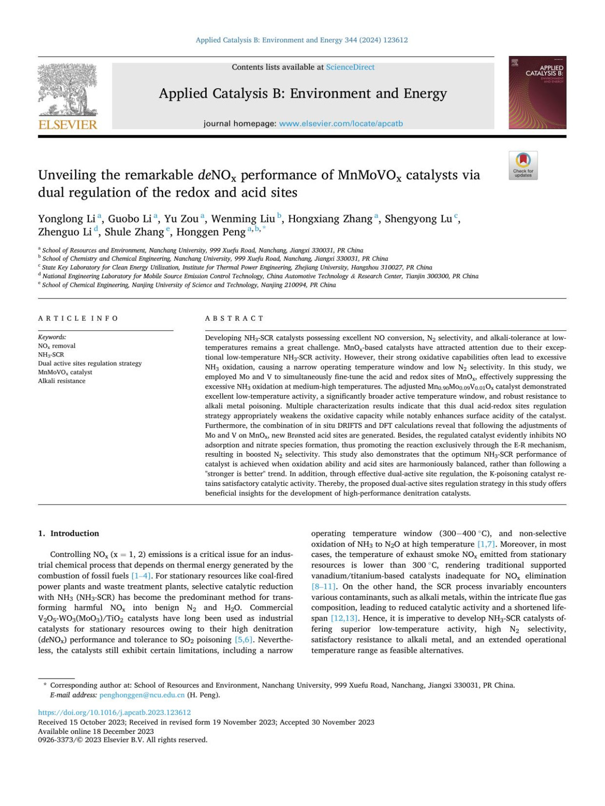Unveiling The Remarkable De Nox Performance Of Mnmovox Catalysts Via Dual Regulation Of The Redox And Acid Sites Yonglong Li