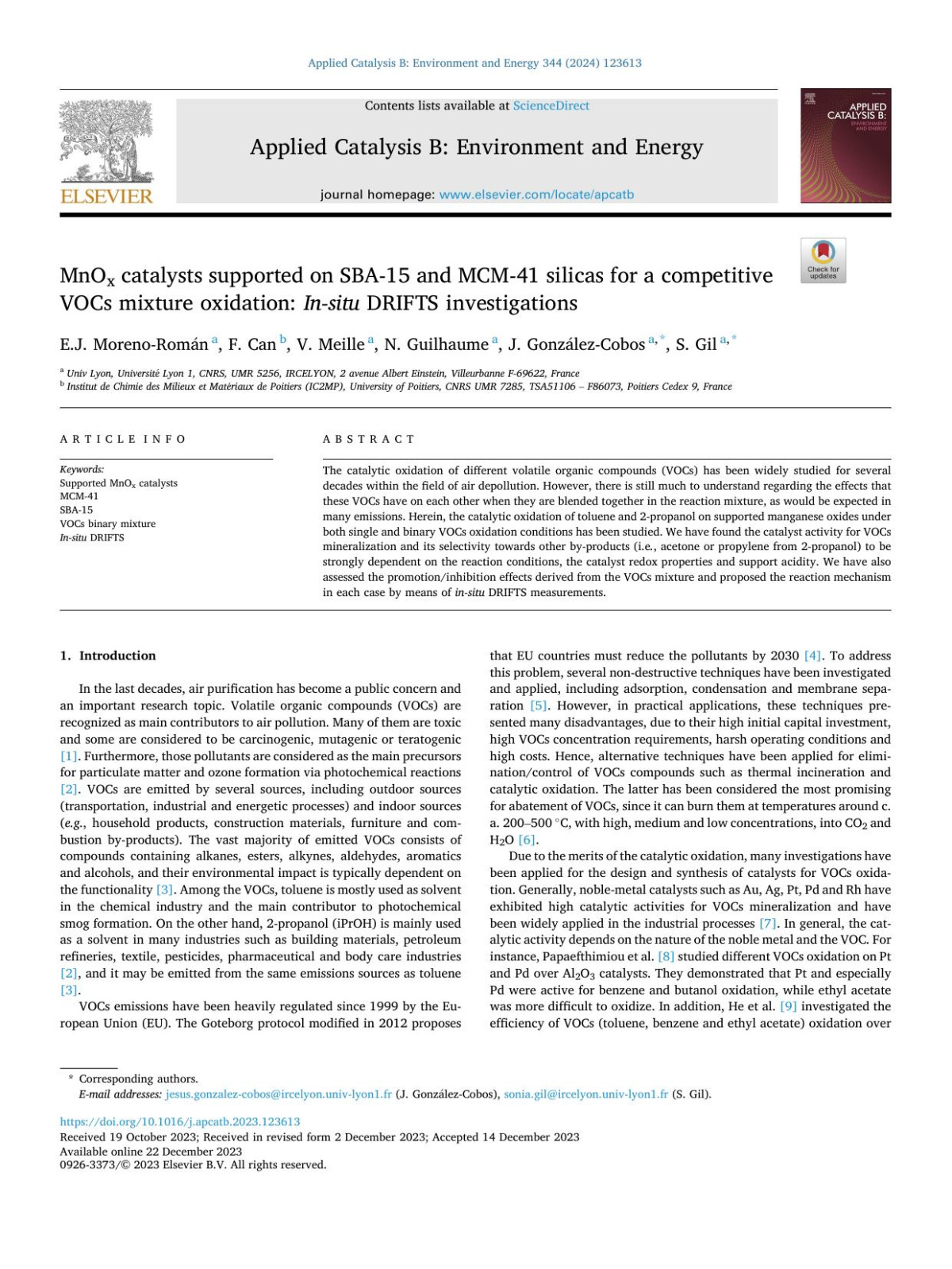 Mnox Catalysts Supported On Sba15 And Mcm41 Silicas For A Competitive Vocs Mixture Oxidation Insitu Drifts Investigations Ej Morenoromn