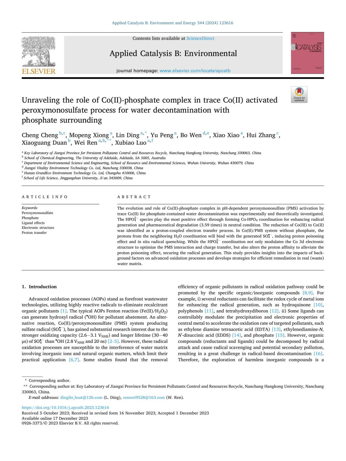 Unraveling The Role Of Coiiphosphate Complex In Trace Coii Activated Peroxymonosulfate Process For Water Decontamination With Phosphate Surrounding Cheng Cheng